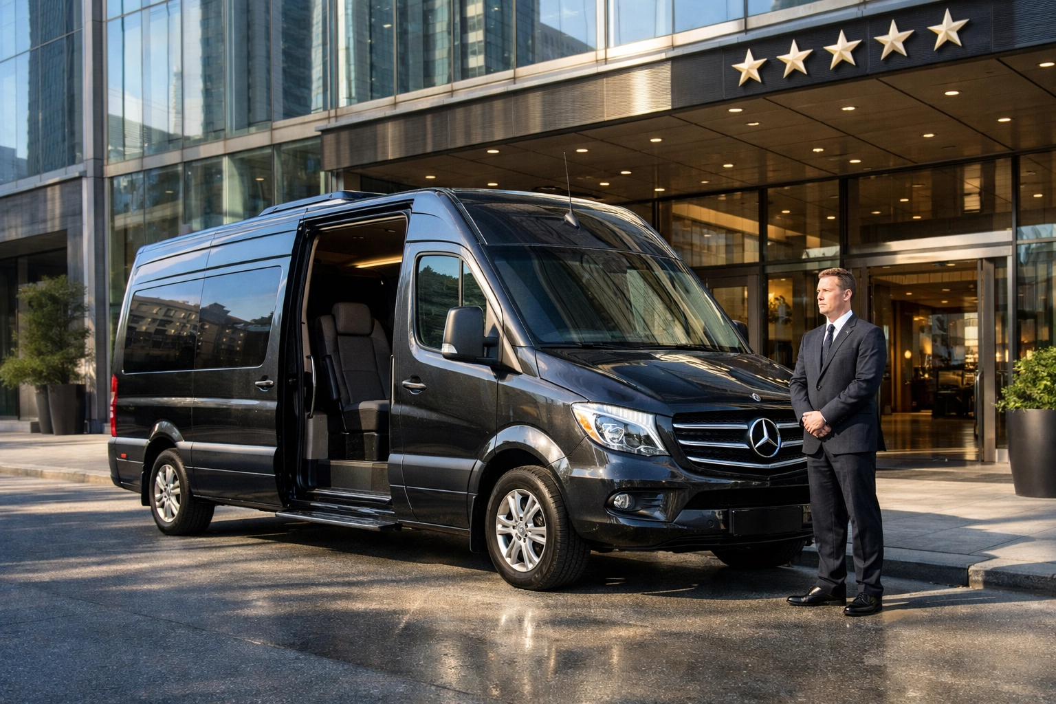 Luxury executive transport and professional chauffeur at a high-end hotel for Super Bowl hosting.