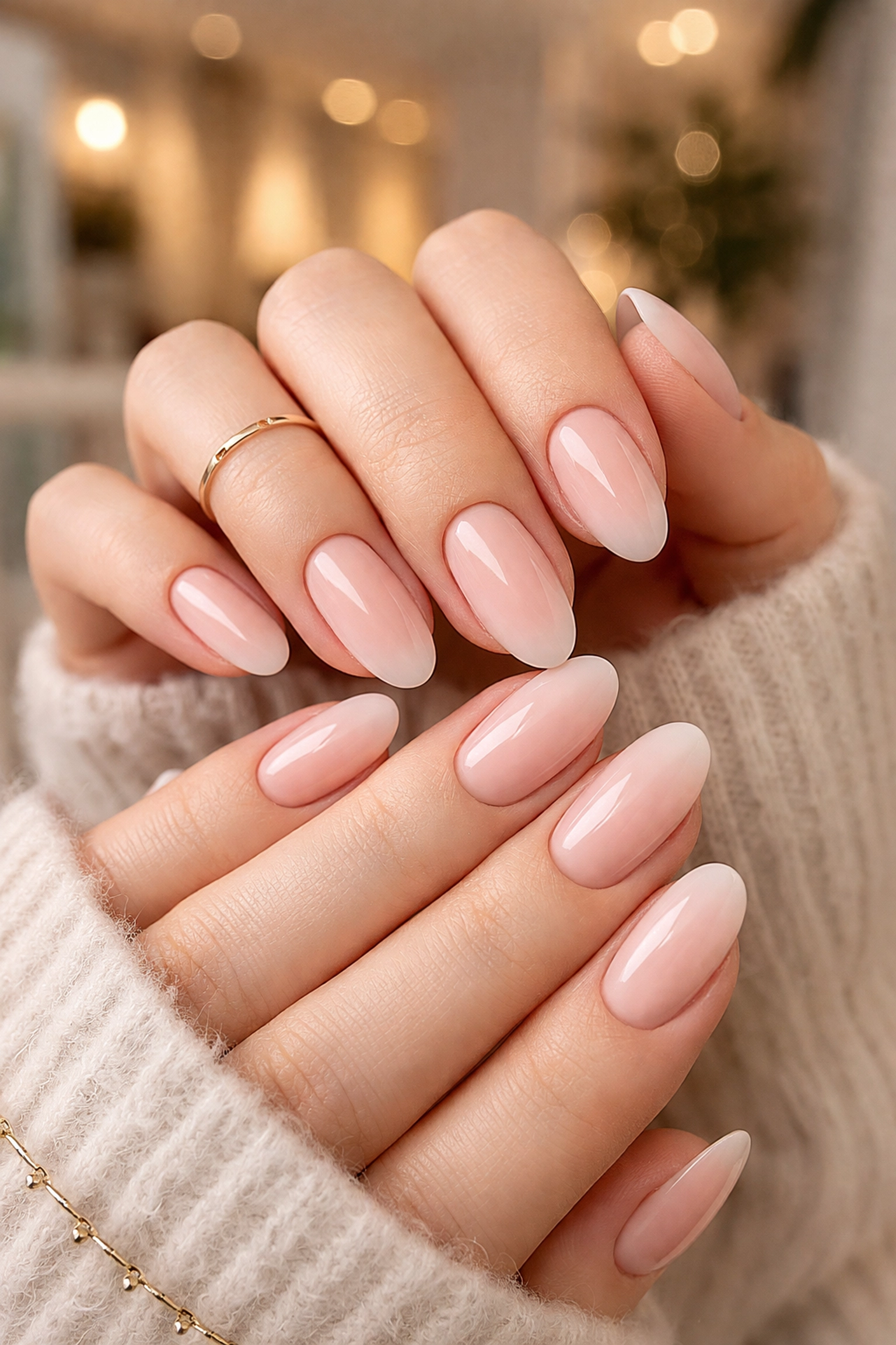 Close-up of flawless nude-pink Russian manicure nails in a luxury Westwood salon, showcasing expert nail artistry.
