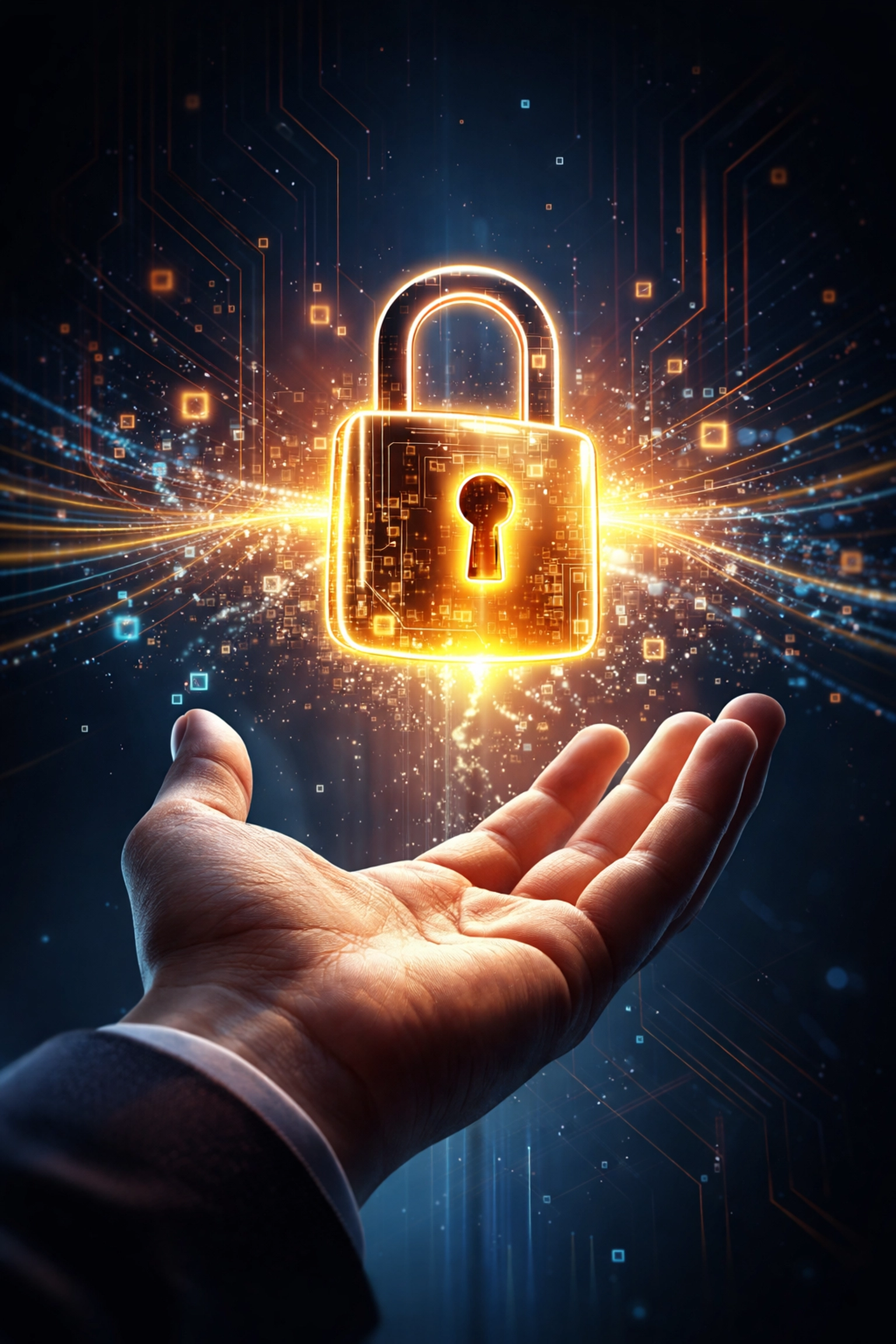 Glowing padlock above a hand symbolizes self-custody and secure decentralized crypto payments with Larecoin.