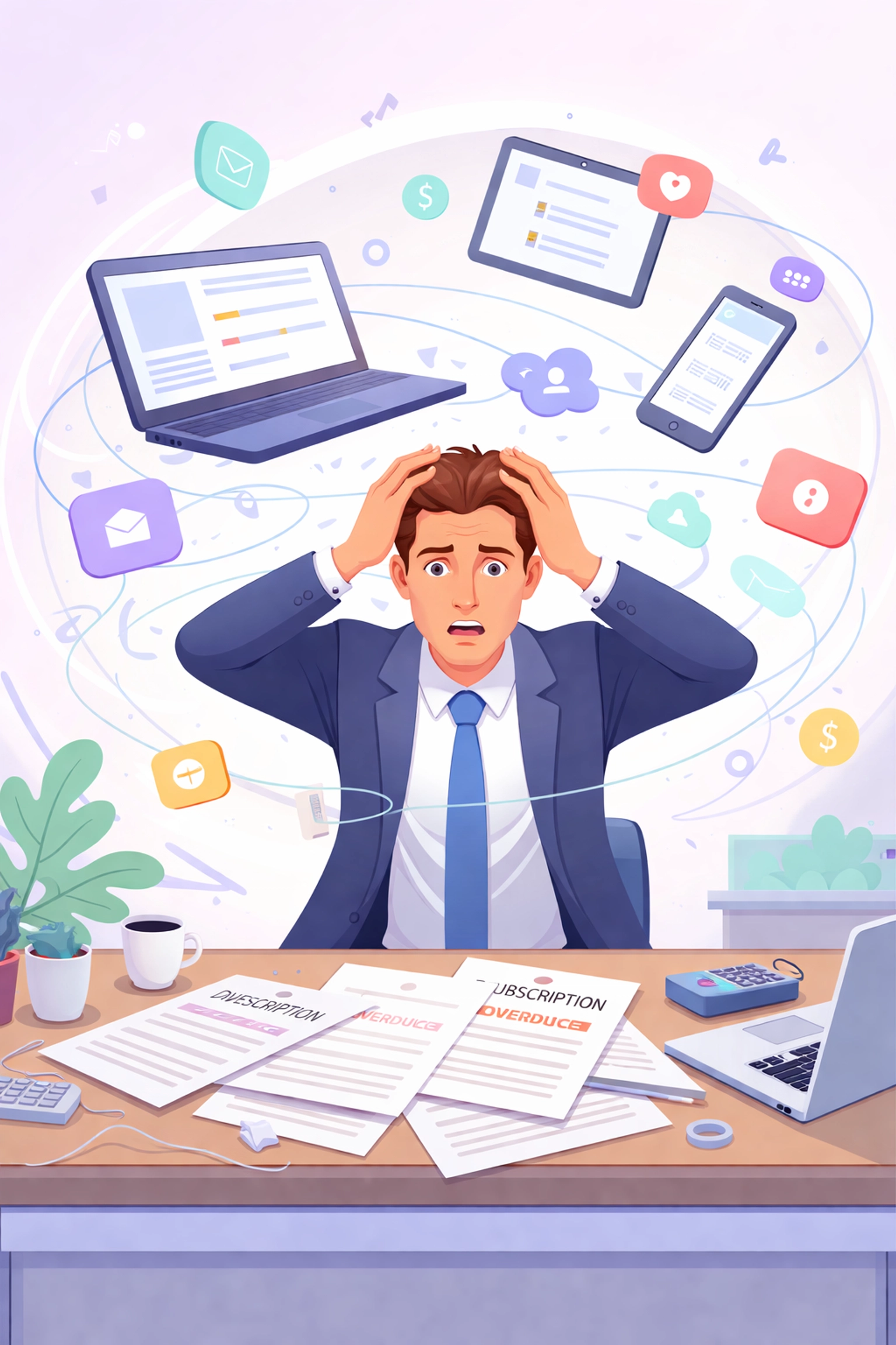 Frustrated business owner overwhelmed by chaotic software tools, illustrating high costs of tool sprawl for SMBs