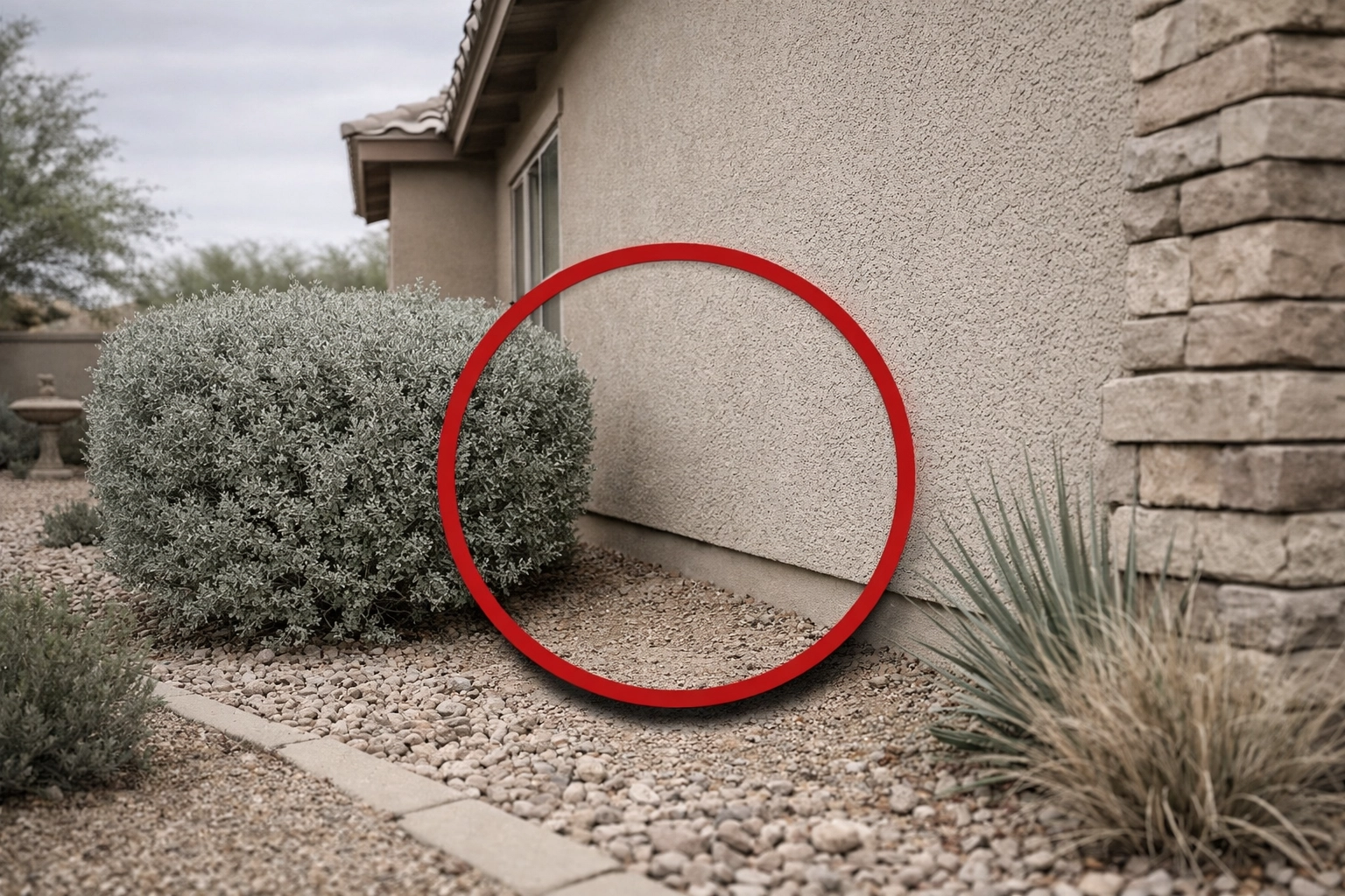 Habitat modification with bushes trimmed back from the foundation to prevent pest access.