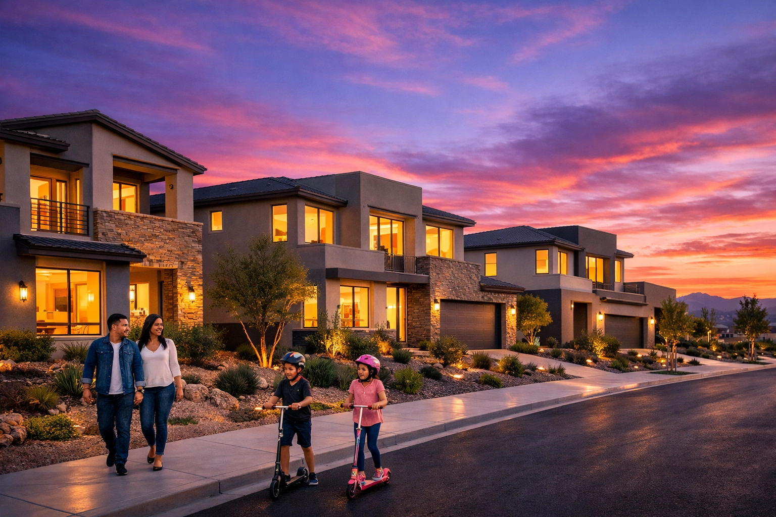 Modern homes in Las Vegas master-planned community with family enjoying neighborhood lifestyle