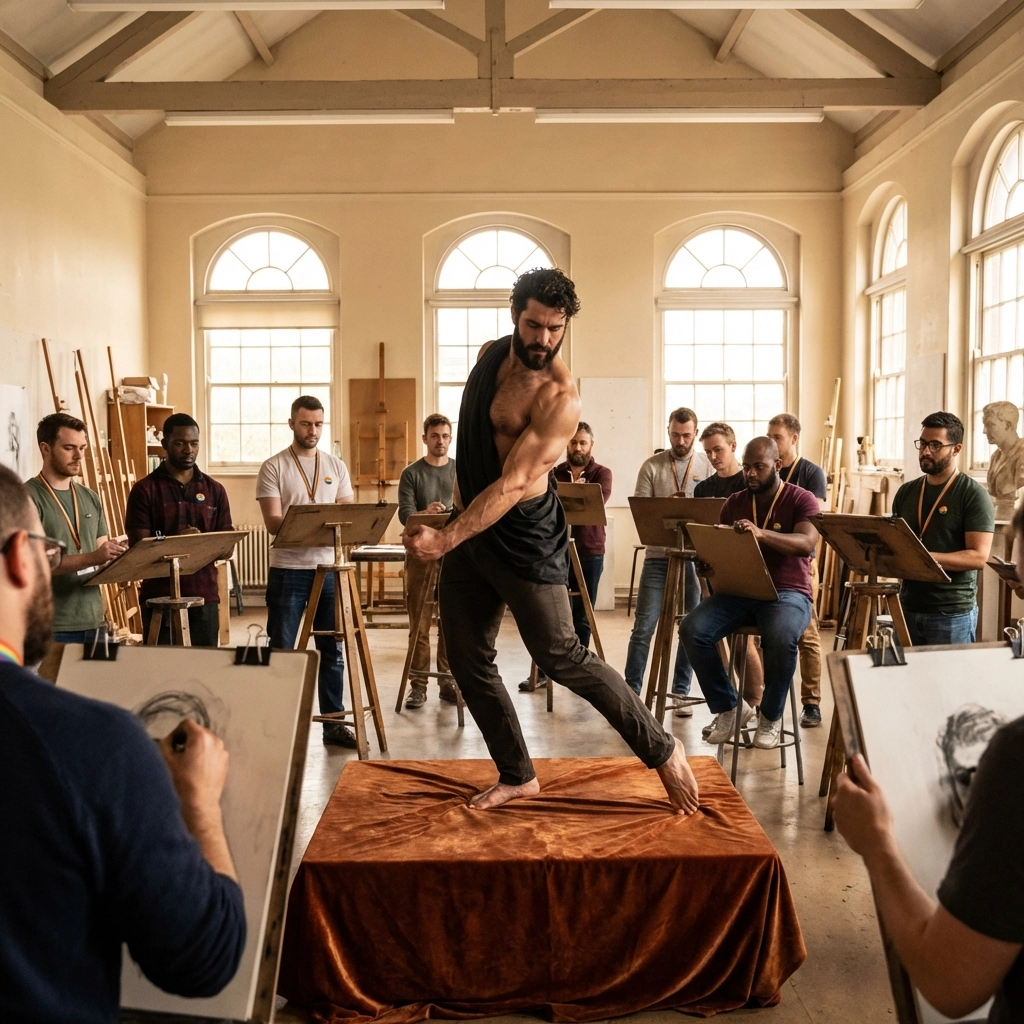 A diverse group of queer artists in a university studio drawing the lines of a naked male model.