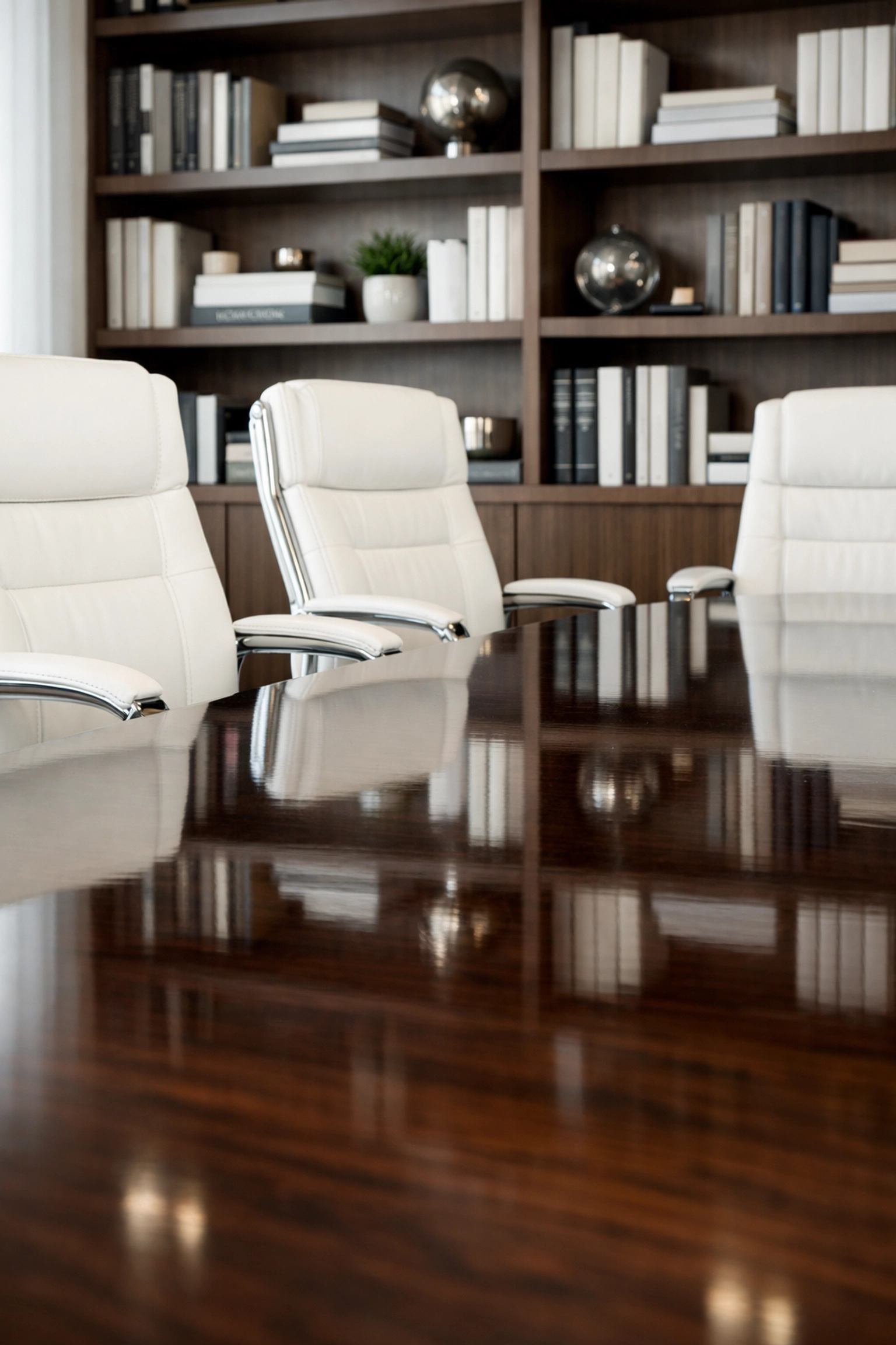 Polished boardroom table in Littleton after a professional commercial cleaning Littleton deep clean.