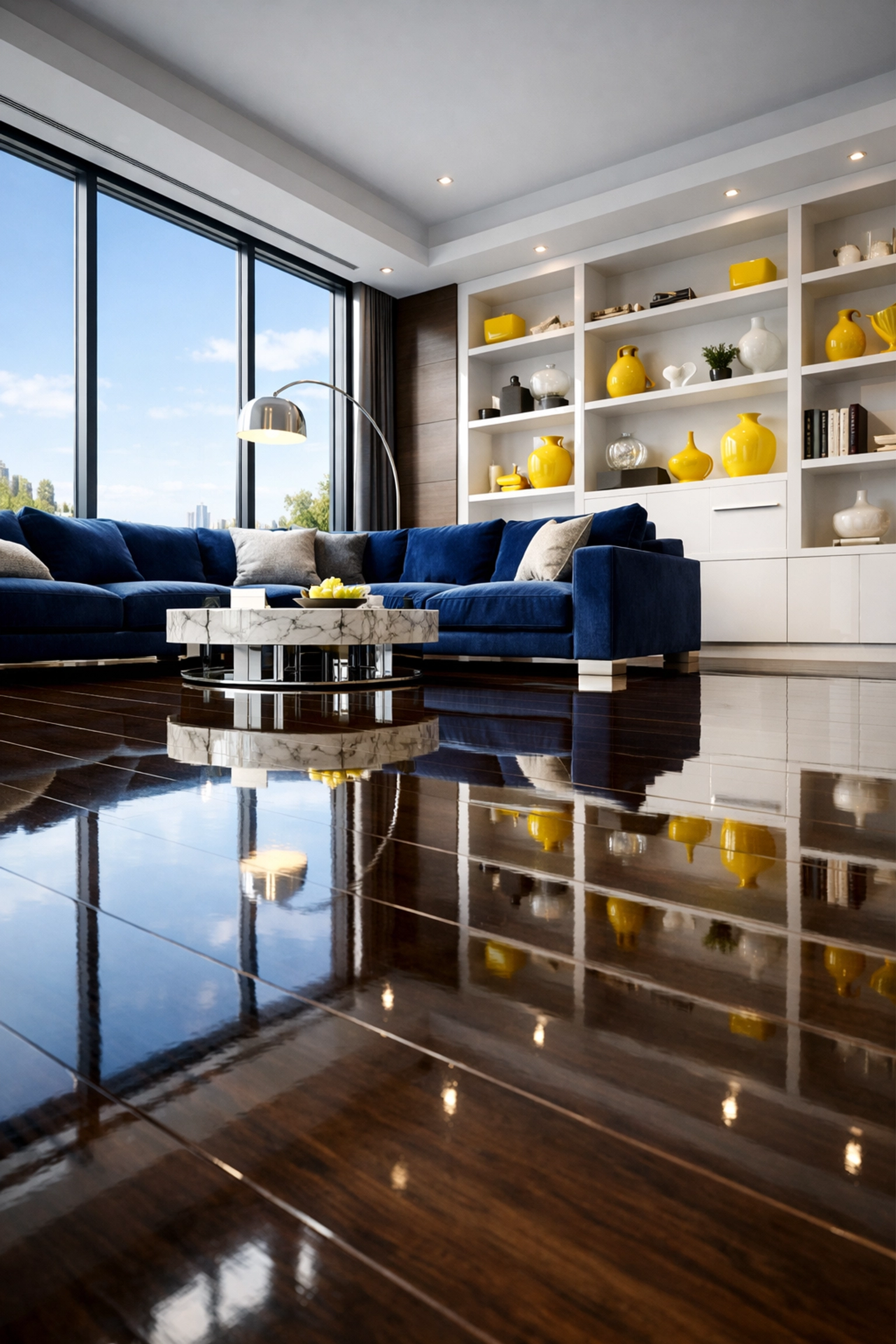 Immaculate living room with shiny hardwood floors and blue furniture following professional deep cleaning in Canton MA.