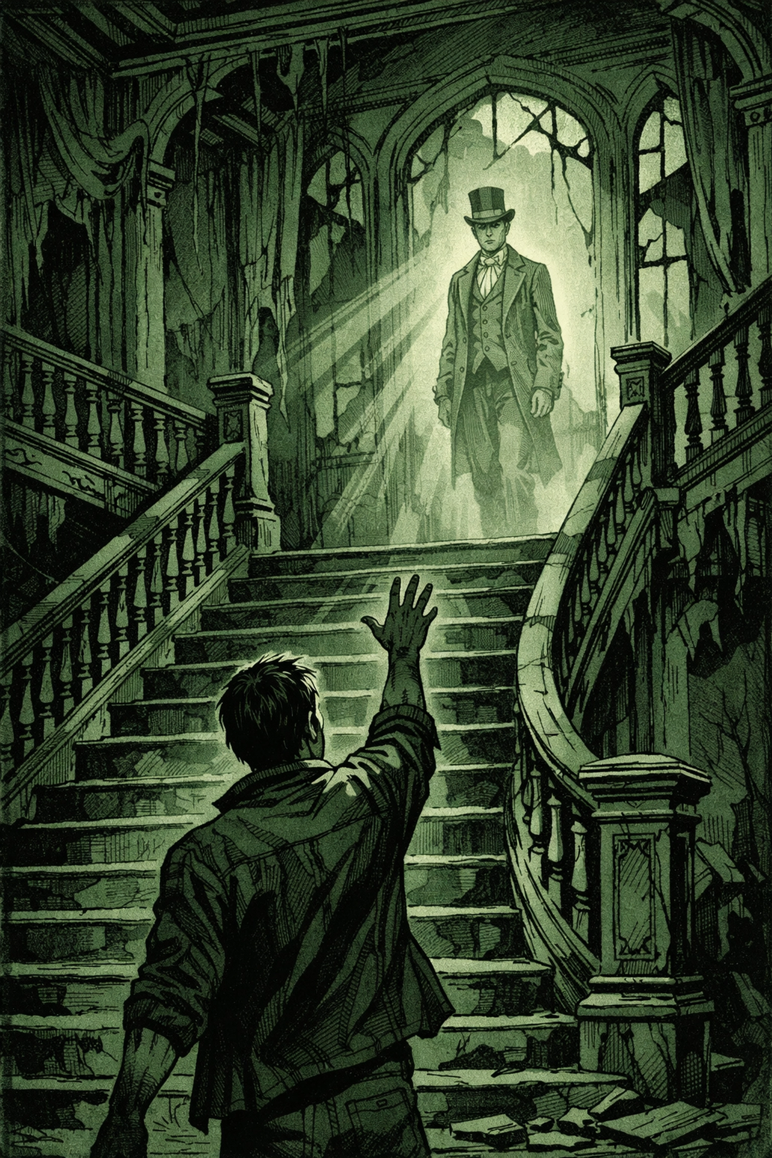 Ghost and mortal separated on manor staircase - MM gothic romance illustration