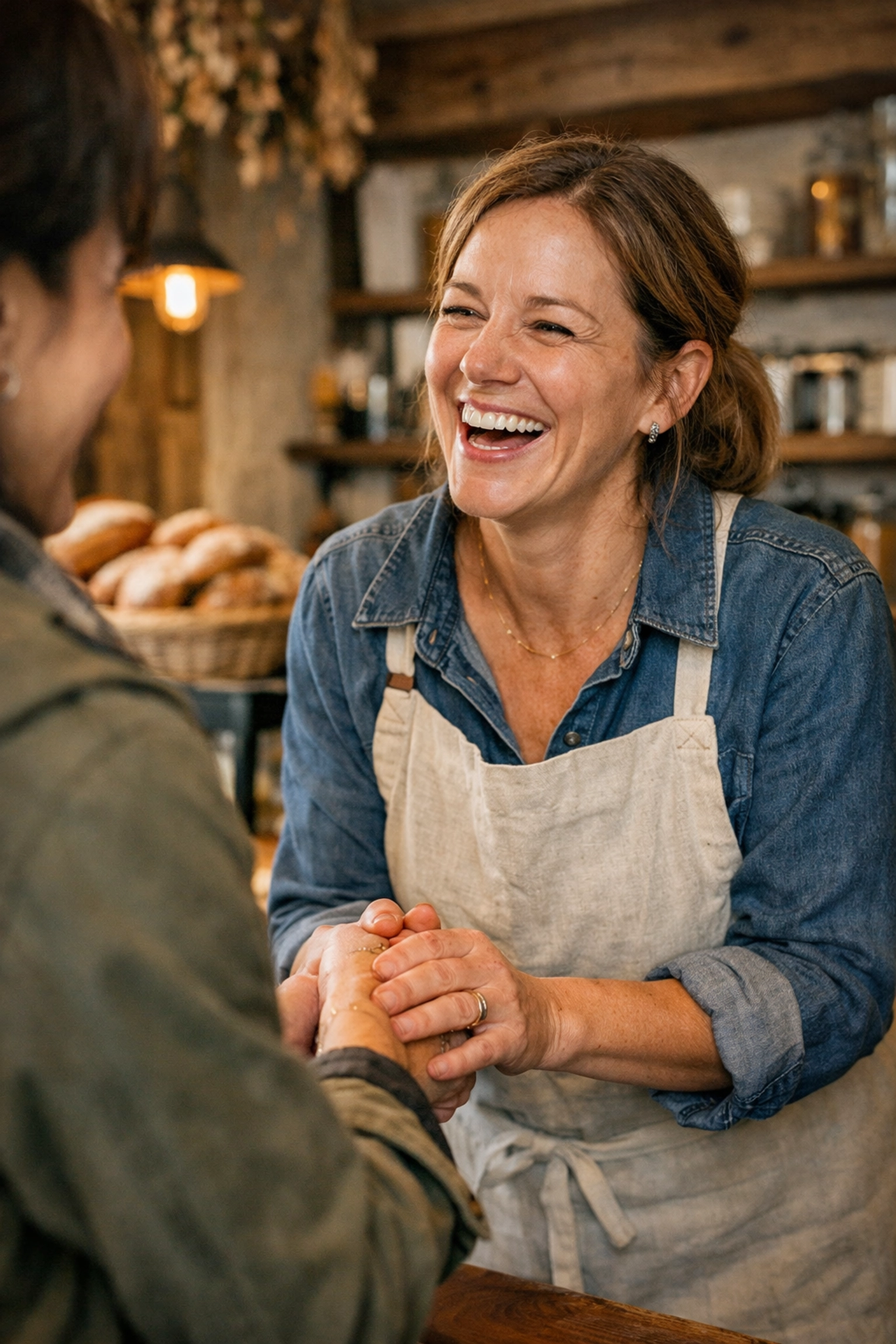 Business owner talking with a customer in a shop to illustrate real-world credibility and honest reviews.