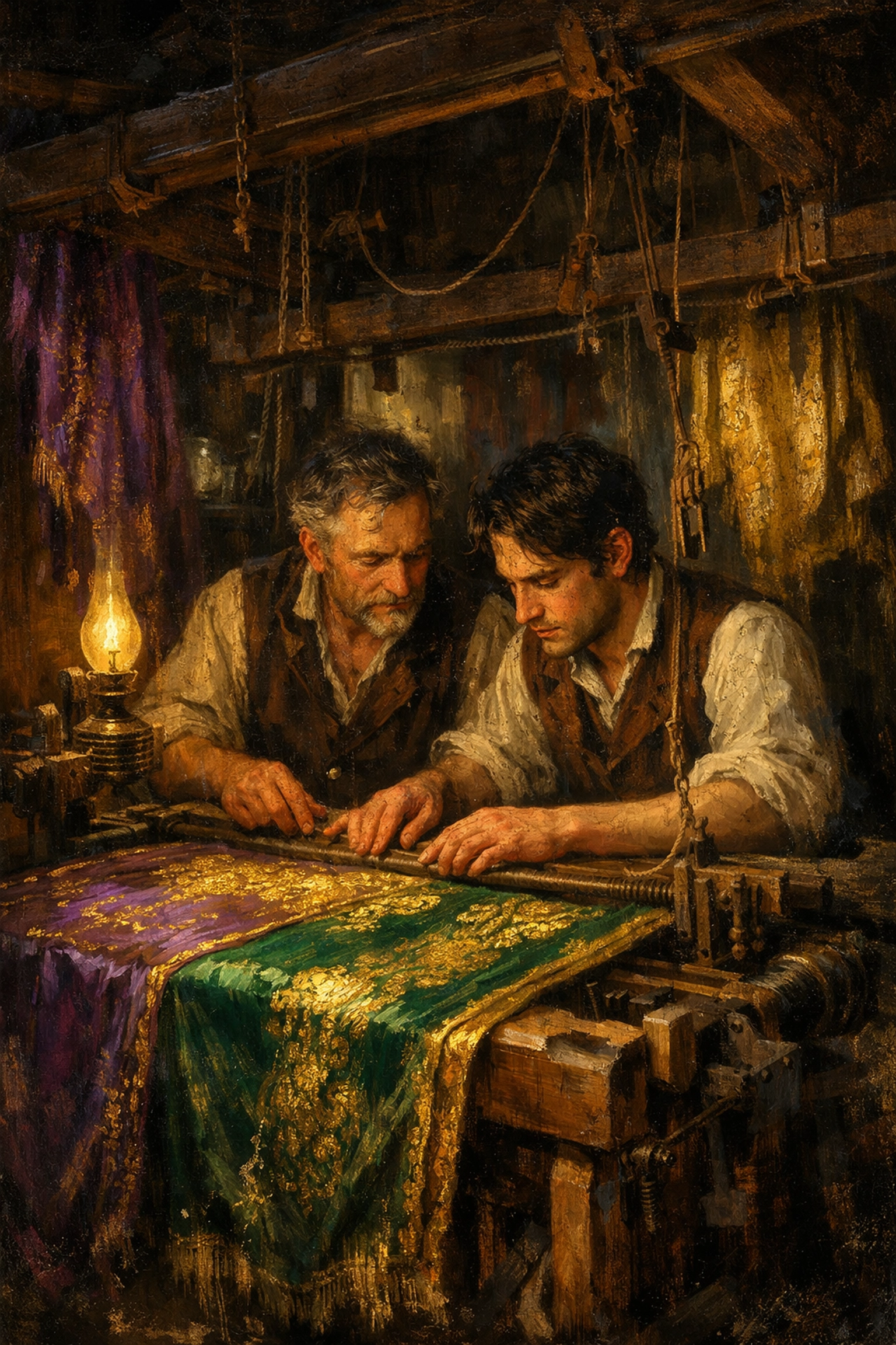 Victorian silk weaving workshop with gay couple working at loom together