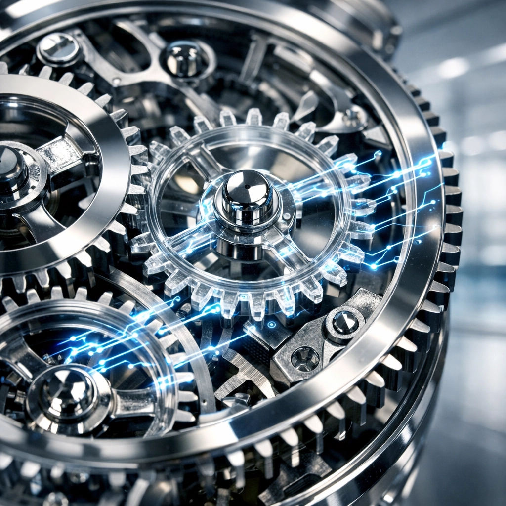 Intricate gears and holographic circuits representing automated DevOps and platform engineering.