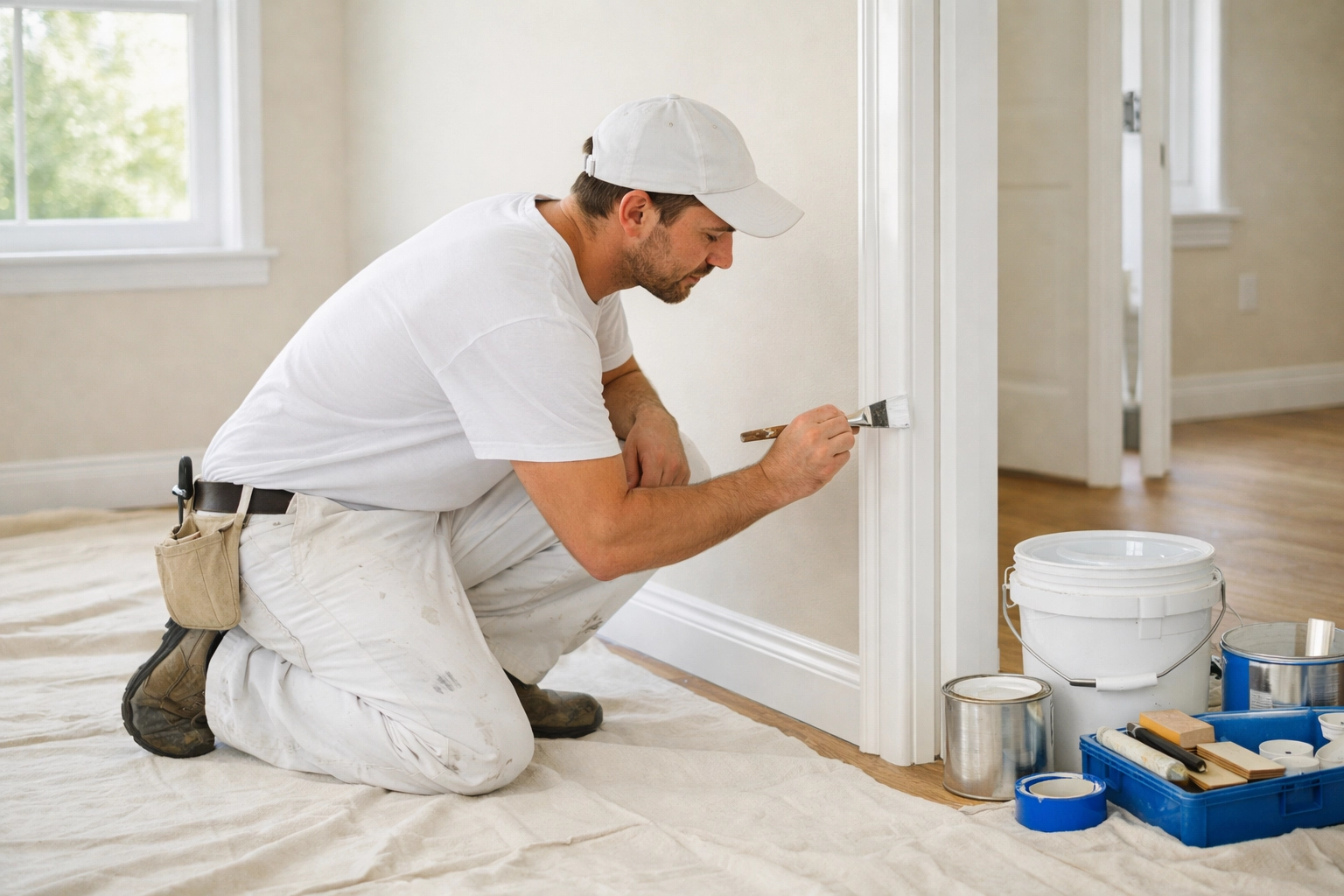 Professional painter working on apartment make-ready during turnover process