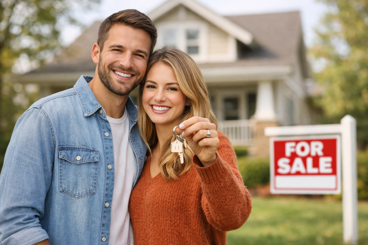 Young couple with house keys celebrating their South Jersey home purchase in 2026