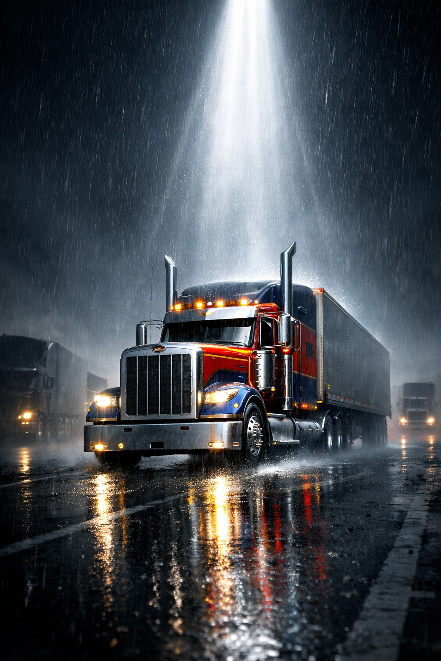 A spotlight on a semi-truck representing how unique ad copy stands out in competitive trucking markets.