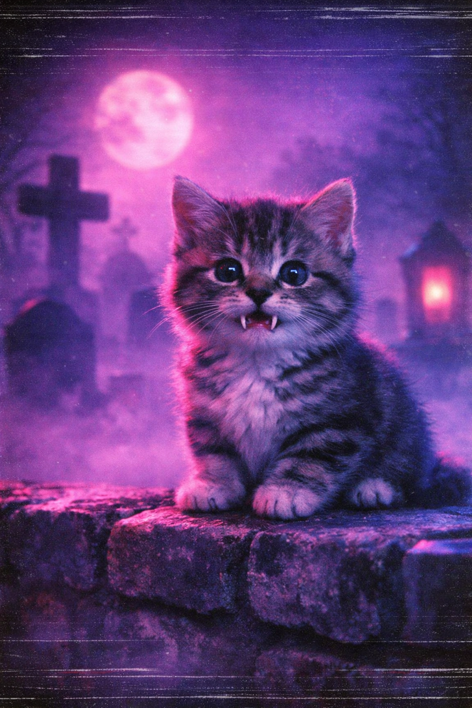 Retro 80s horror-inspired kitten with vampire fangs in a neon purple synthwave aesthetic.