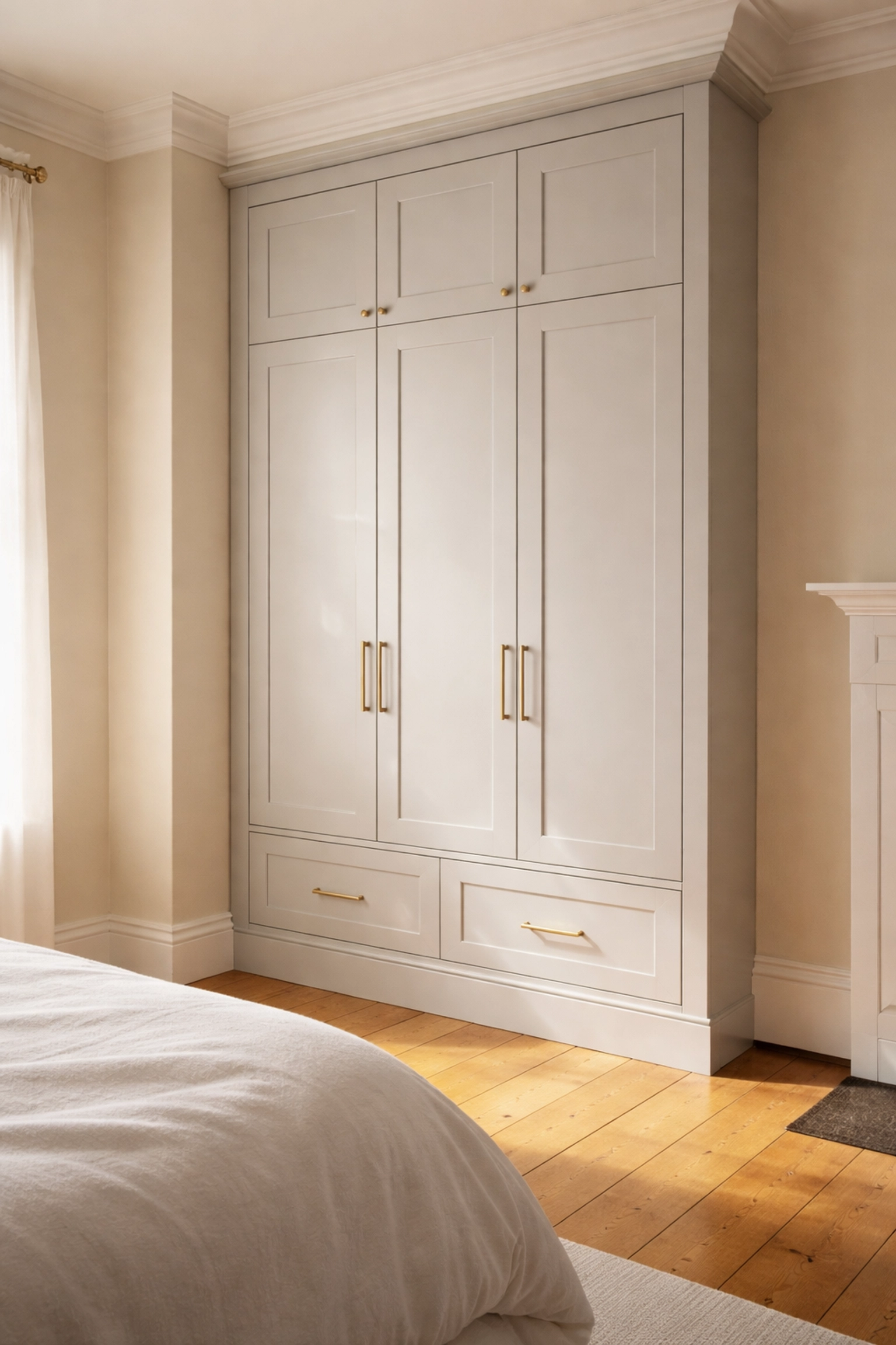 Bespoke fitted wardrobe in a Derby period home, maximizing bedroom space with elegant Shaker-style doors.