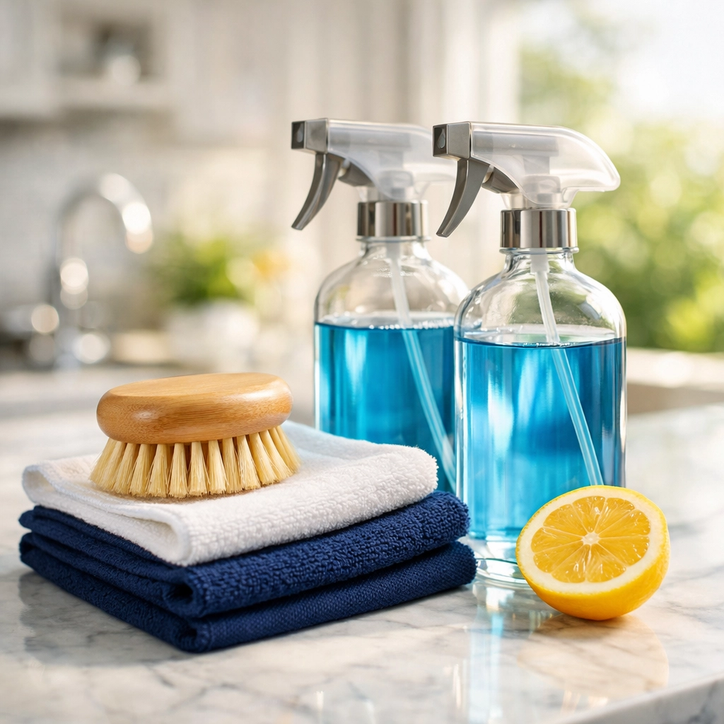 Eco-friendly luxury house cleaning in Hingham using non-toxic supplies on a marble kitchen island.