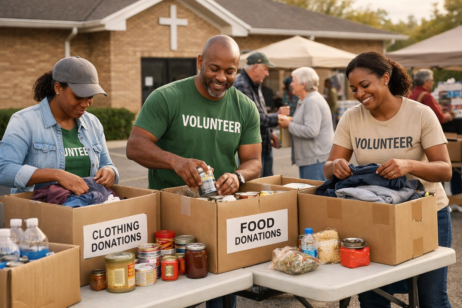 Volunteers organizing charitable donations at community center showing temporary relief efforts