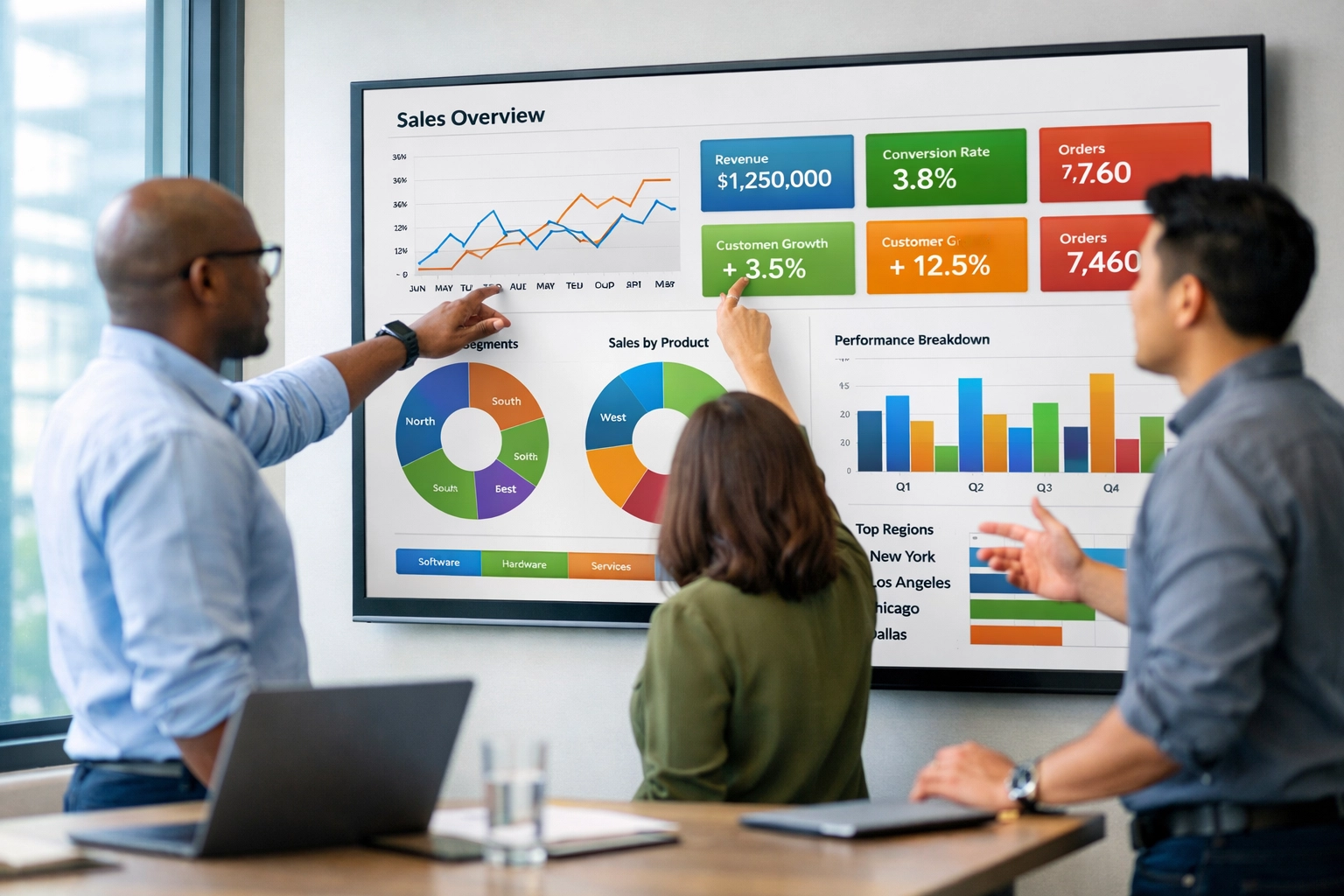 Team collaborating on business intelligence dashboard displaying graphs and KPIs in meeting room