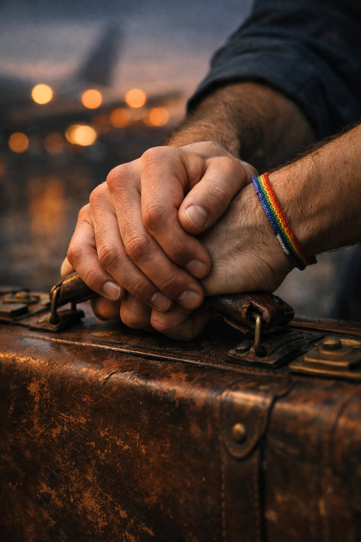Two gay men hold hands on a suitcase handle in an airport, symbolizing queer immigrants fleeing persecution.
