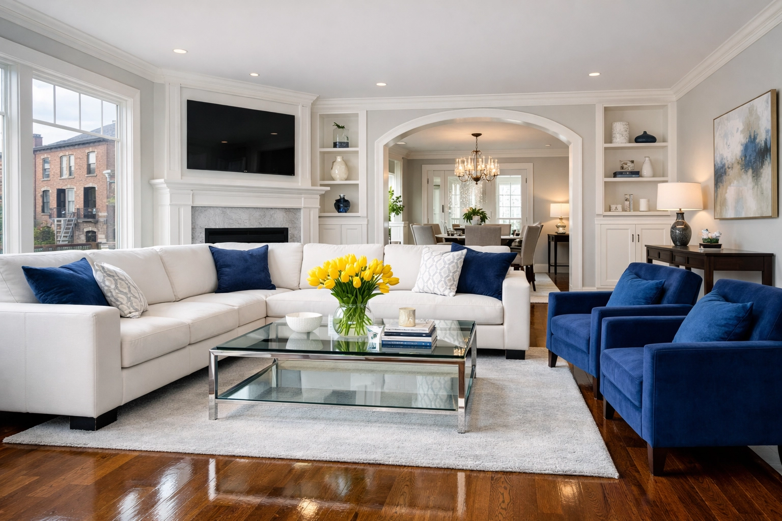 Immaculate luxury living room after a professional house cleaning service in Lowell MA.