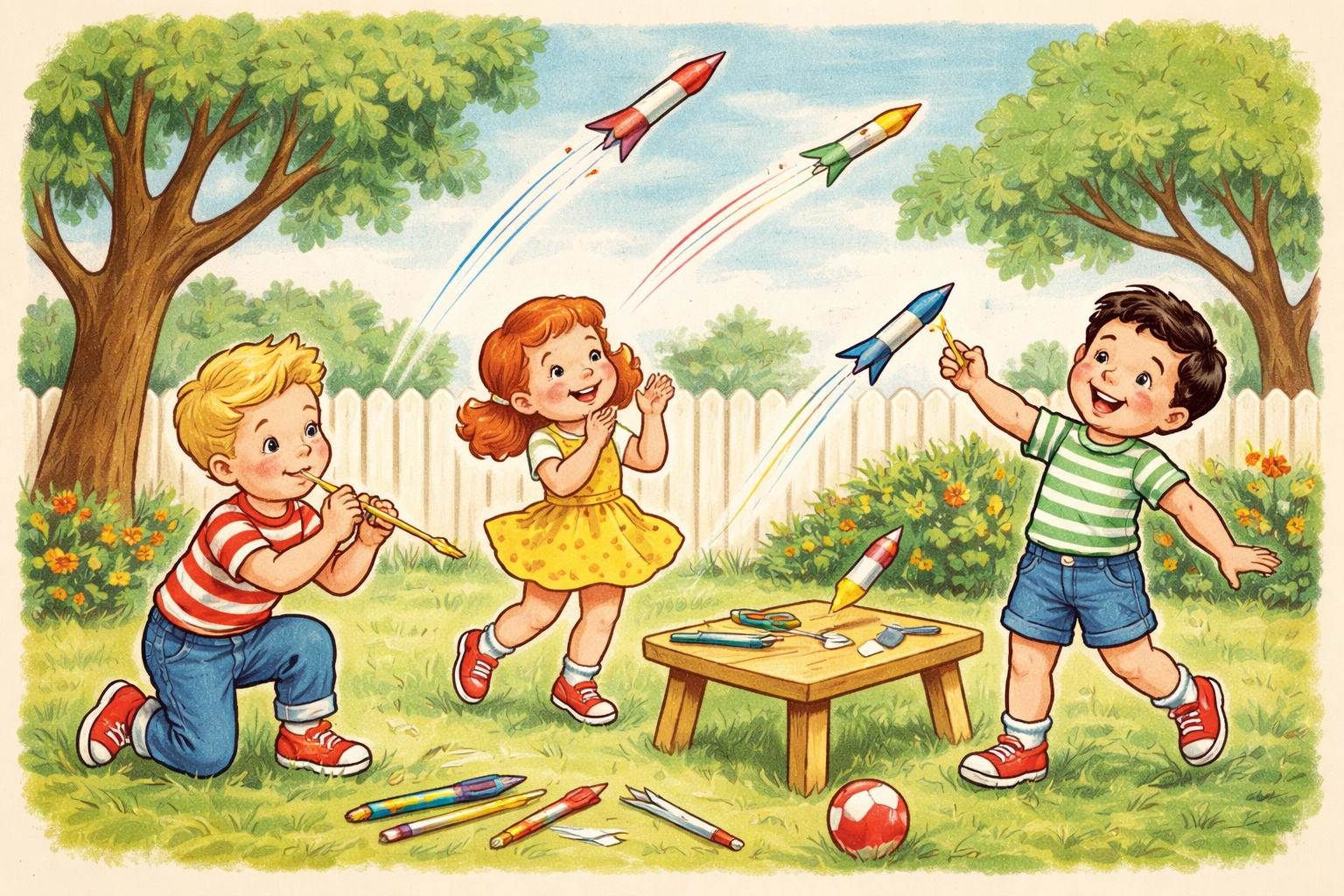 Kids launching colorful DIY straw rockets outdoors against a blue sky, showing playful backyard activity.