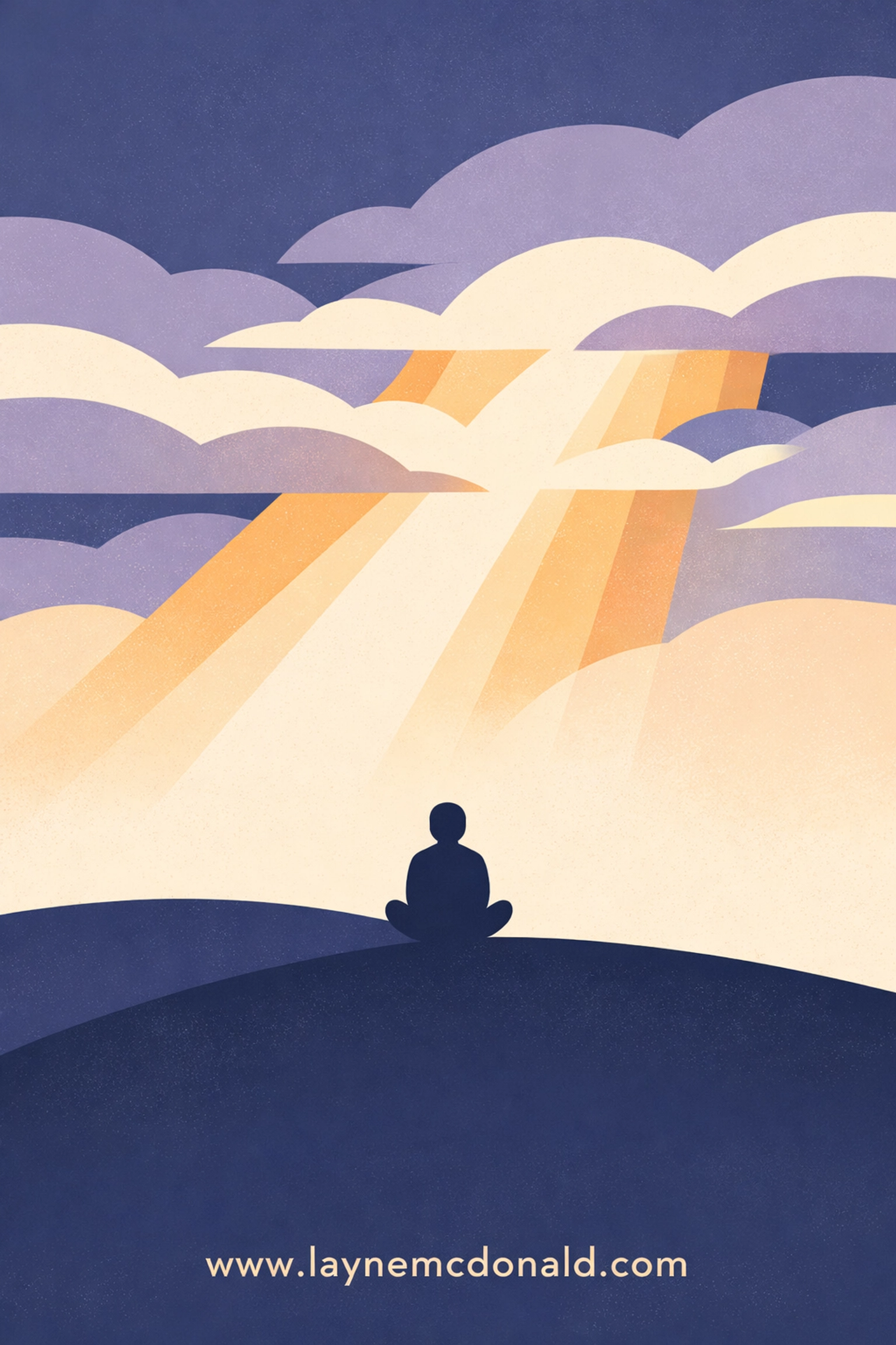 Person sitting alone on hillside looking up at light breaking through clouds in peaceful prayer