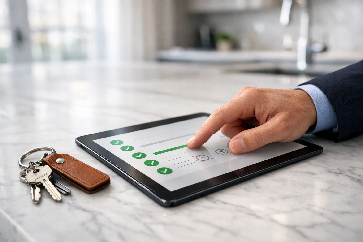 Property manager reviewing a digital apartment turnover checklist on a tablet in a modern kitchen.