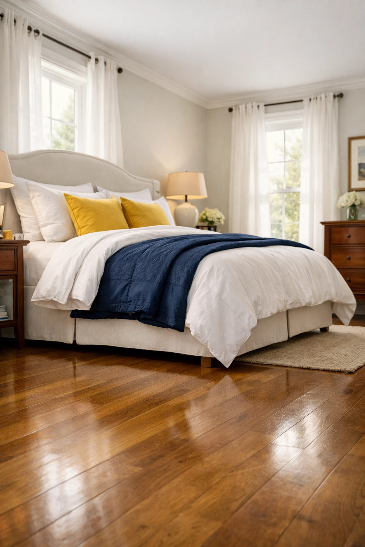 Serene bedroom in Lowell showing dust-free hardwood floors after a thorough deep cleaning session.