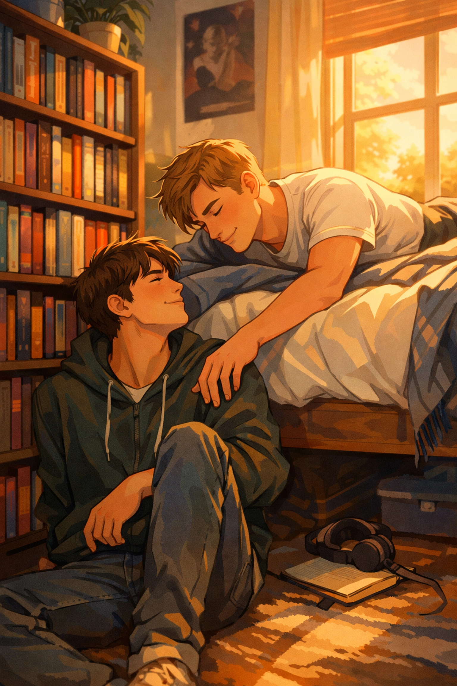 A gay couple sharing a quiet moment in a book-filled room, inspired by Heartstopper MM romance graphic novels.
