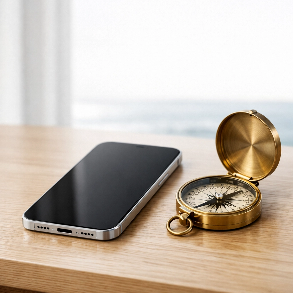 Smartphone and compass on a desk, representing Seaham local businesses navigating search results for SR7 hidden gems.