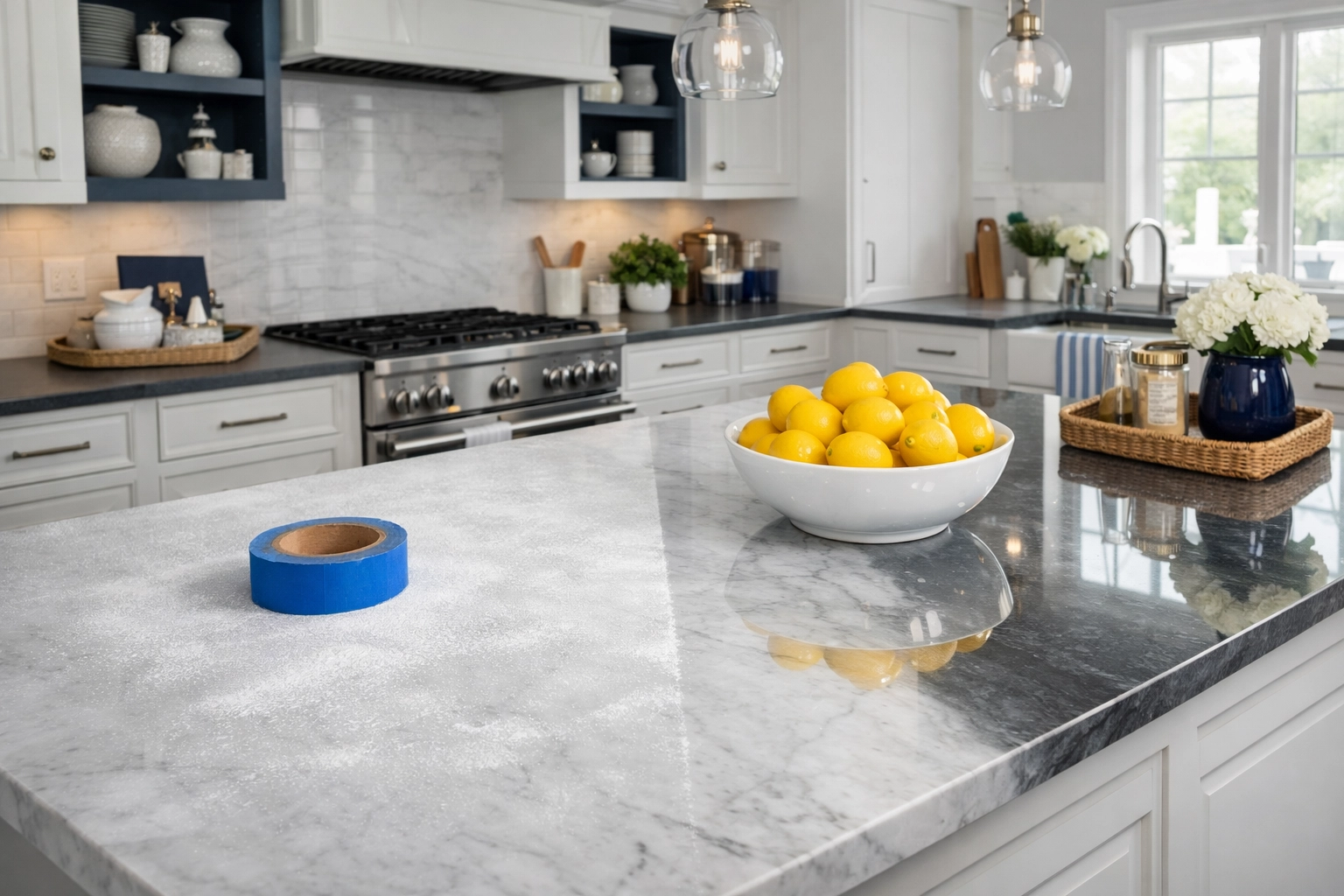 Half-cleaned marble kitchen island showing the impact of post-construction cleaning in Massachusetts.