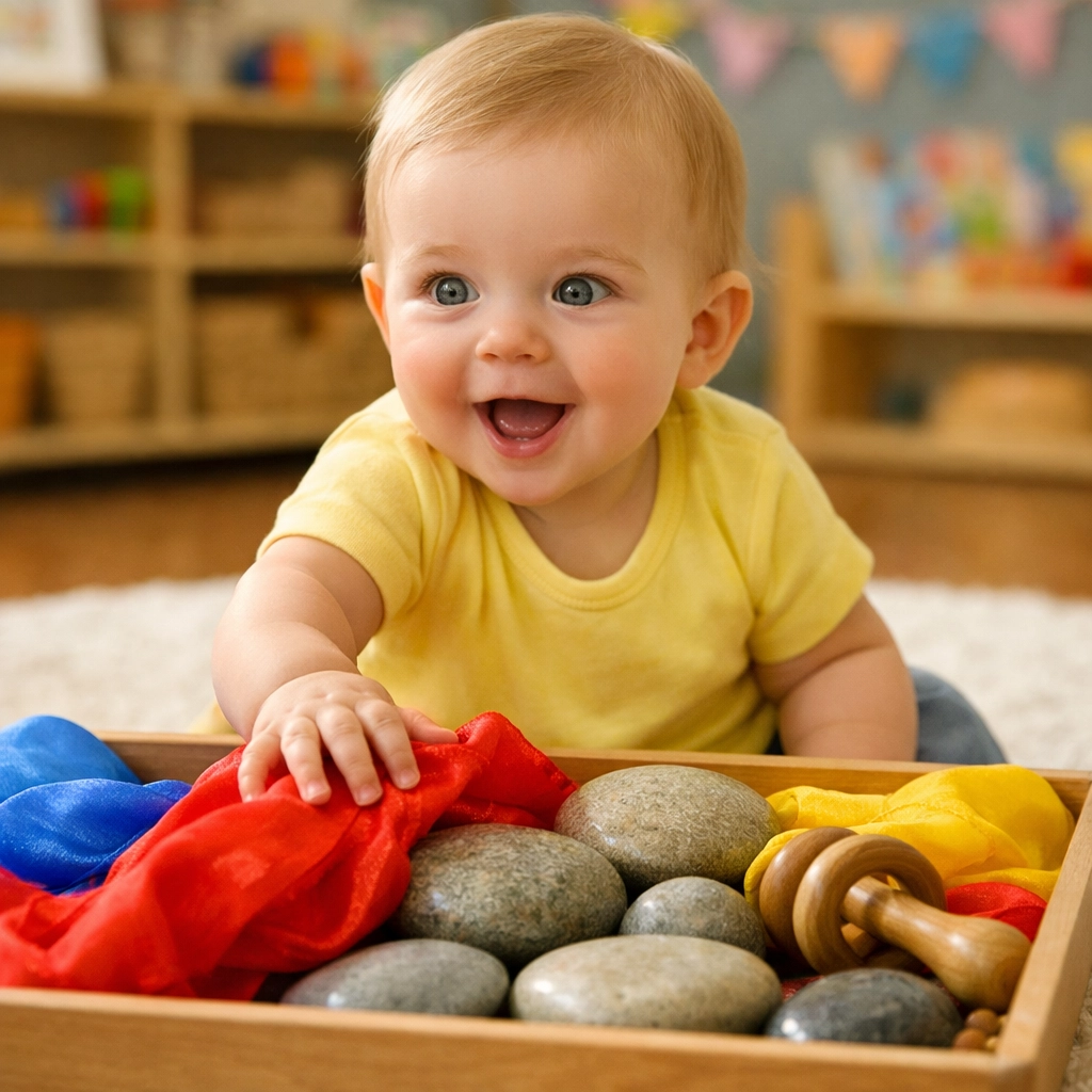 An infant exploring a colourful sensory play tray at Rainbow Hut Early Learning Centre in Liverpool.