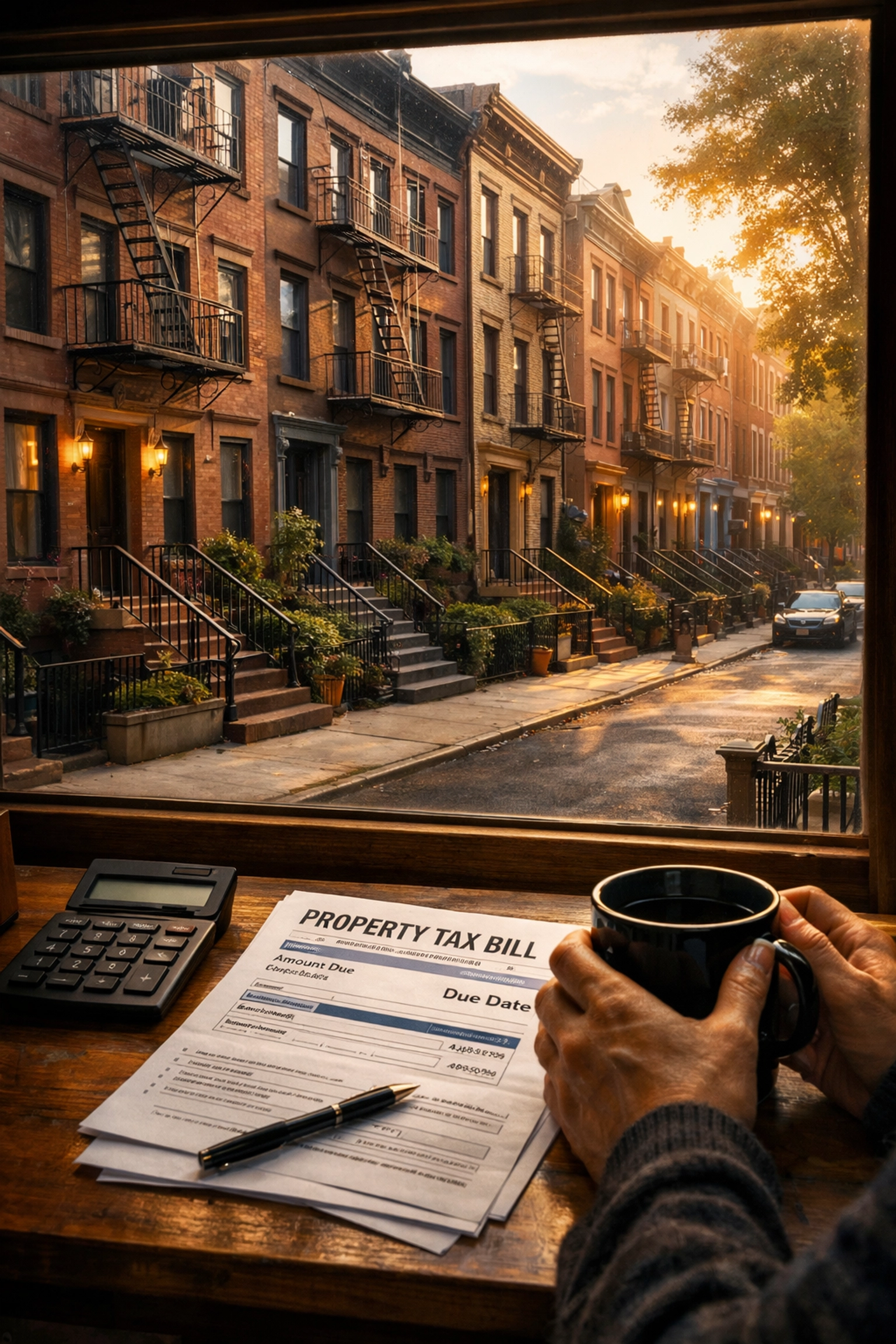 NYC brownstone buildings with property tax bill showing financial impact on New York families