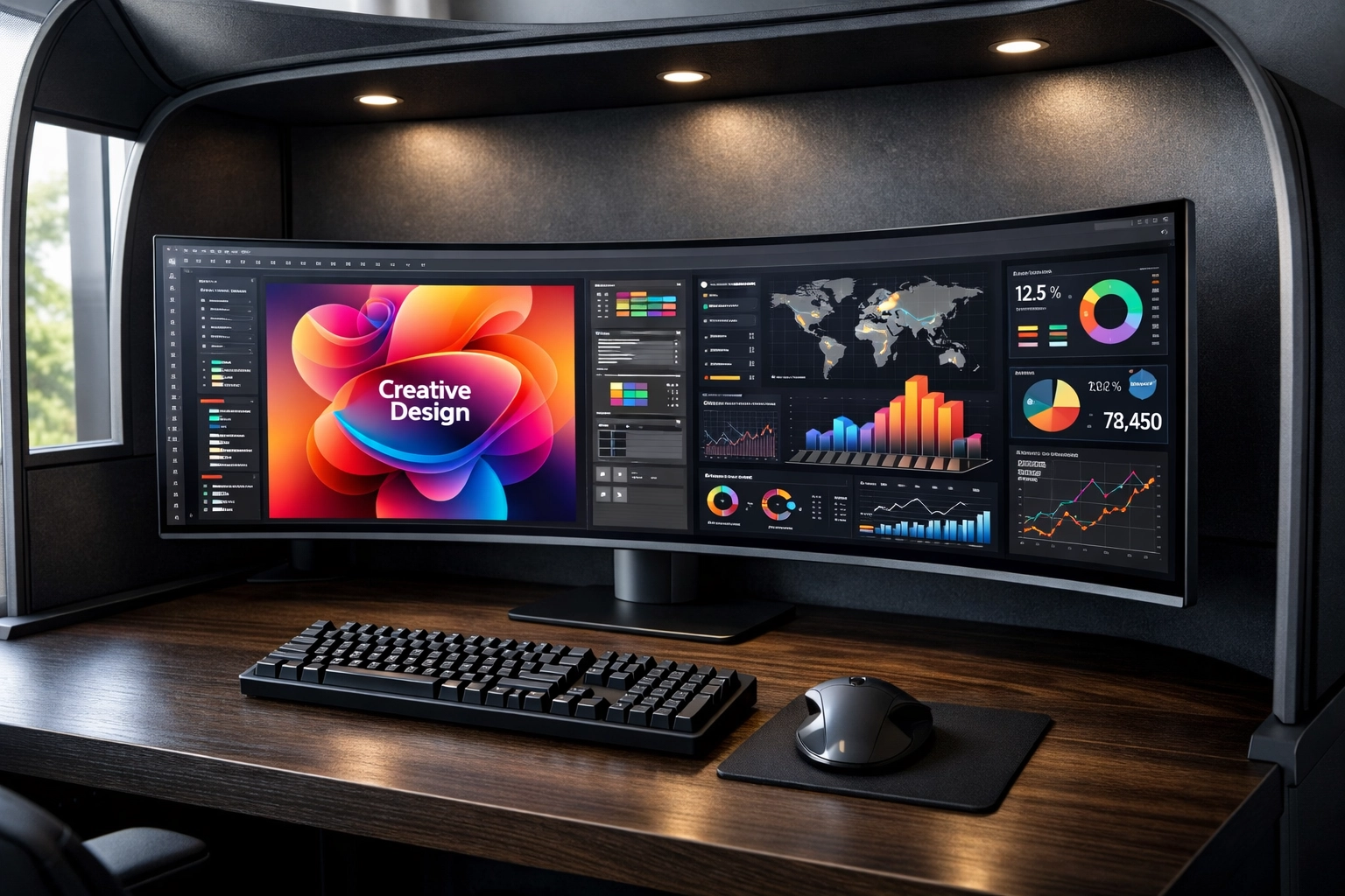 High-performance modular workstation pod for intensive digital media and design learning.