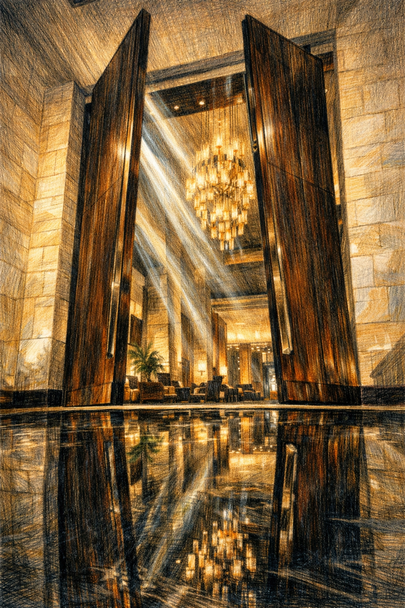 Grand hotel lobby interior with towering wood doors and a serene stone reflecting pool.