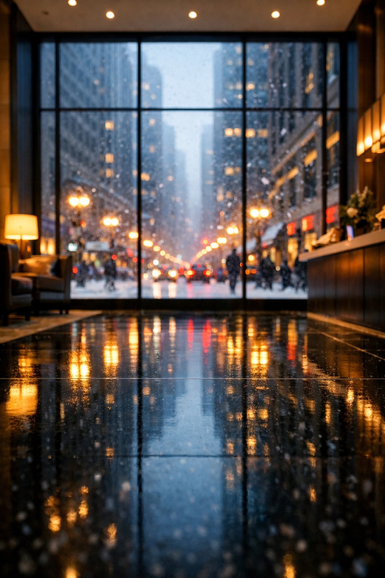 Pristine polished lobby floor in a Chicago high-rise office building with a snowy skyline view.