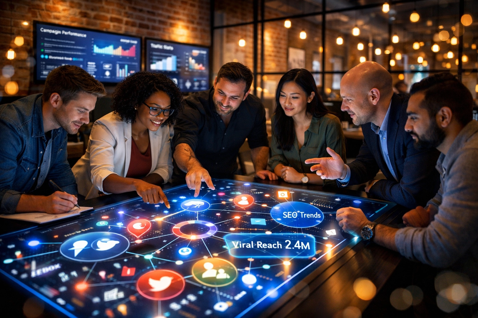 Marketing experts at a digital marketing agency Canada collaborating on social media and SEO strategies.