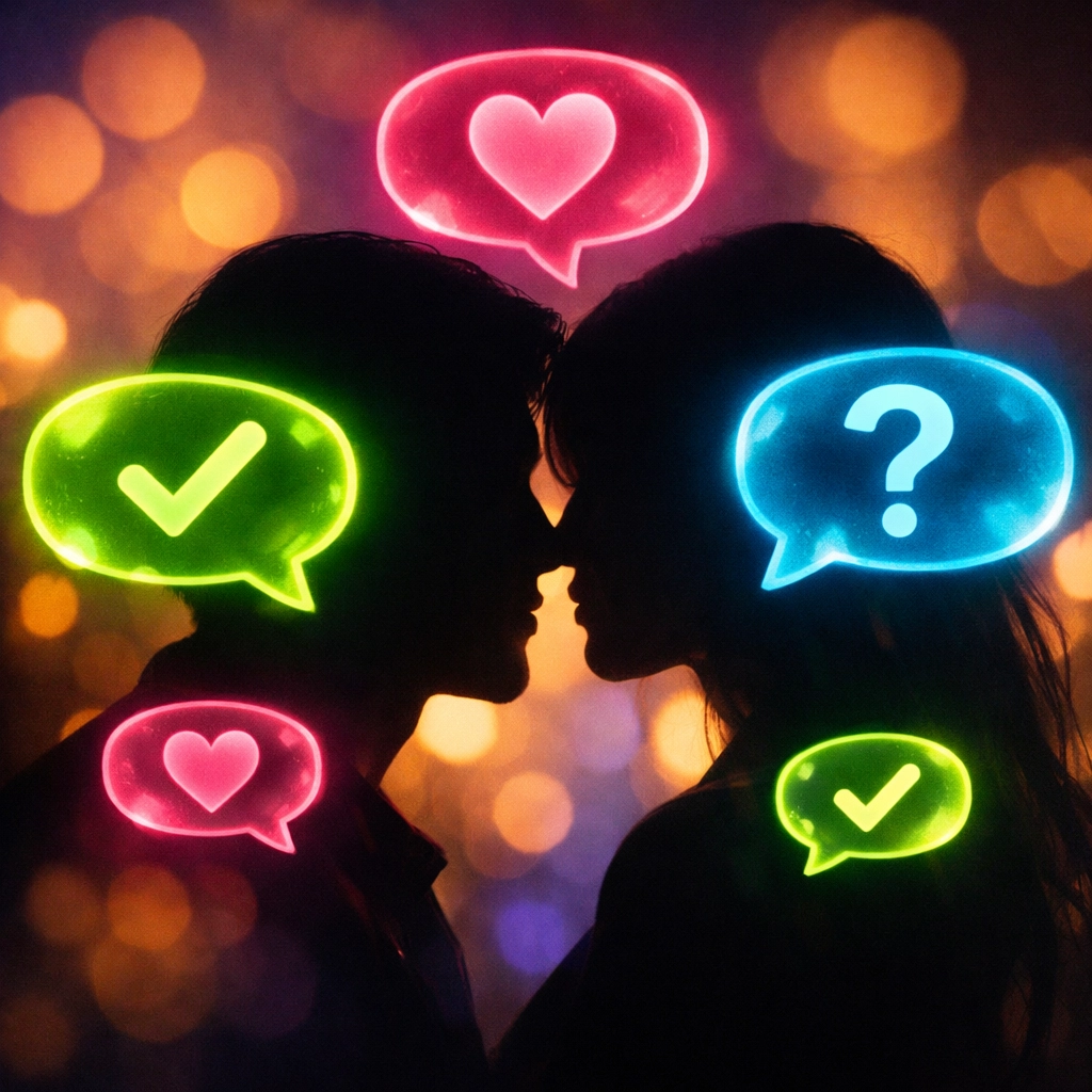 Intimate couple communicating about boundaries and consent before physical intimacy