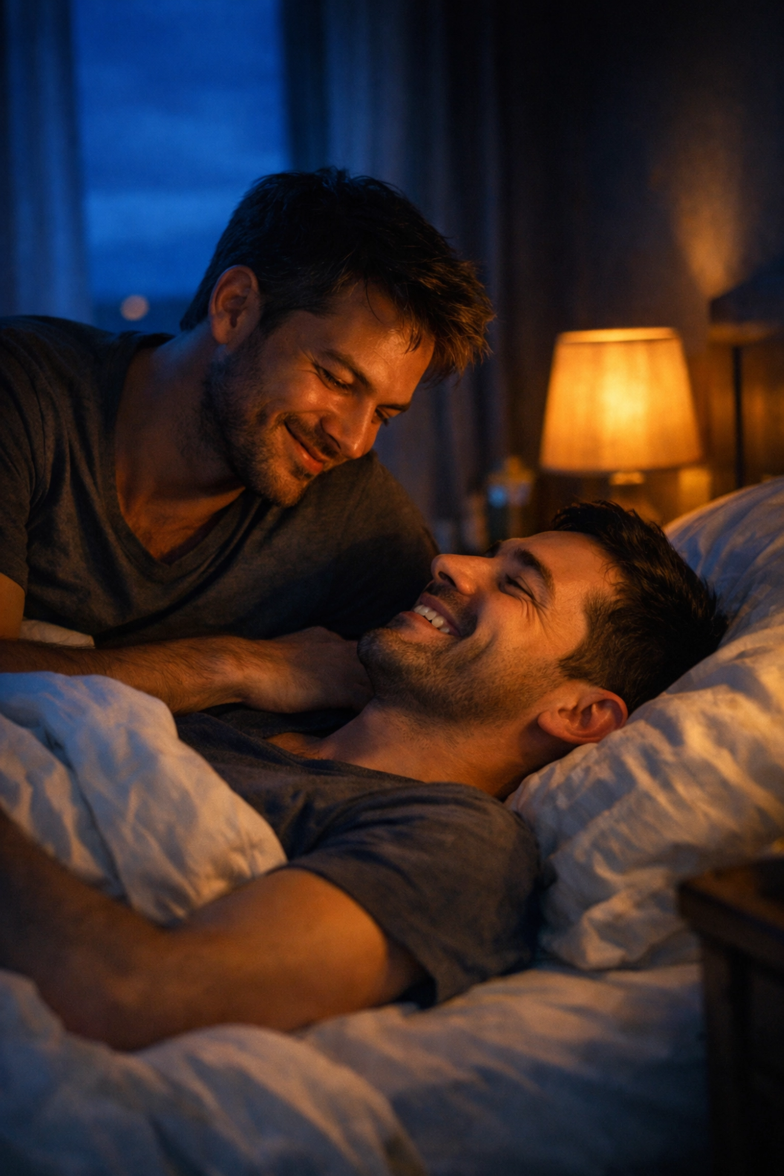 Two men smiling together in intimate afterglow moment, capturing joy of authentic gay relationship