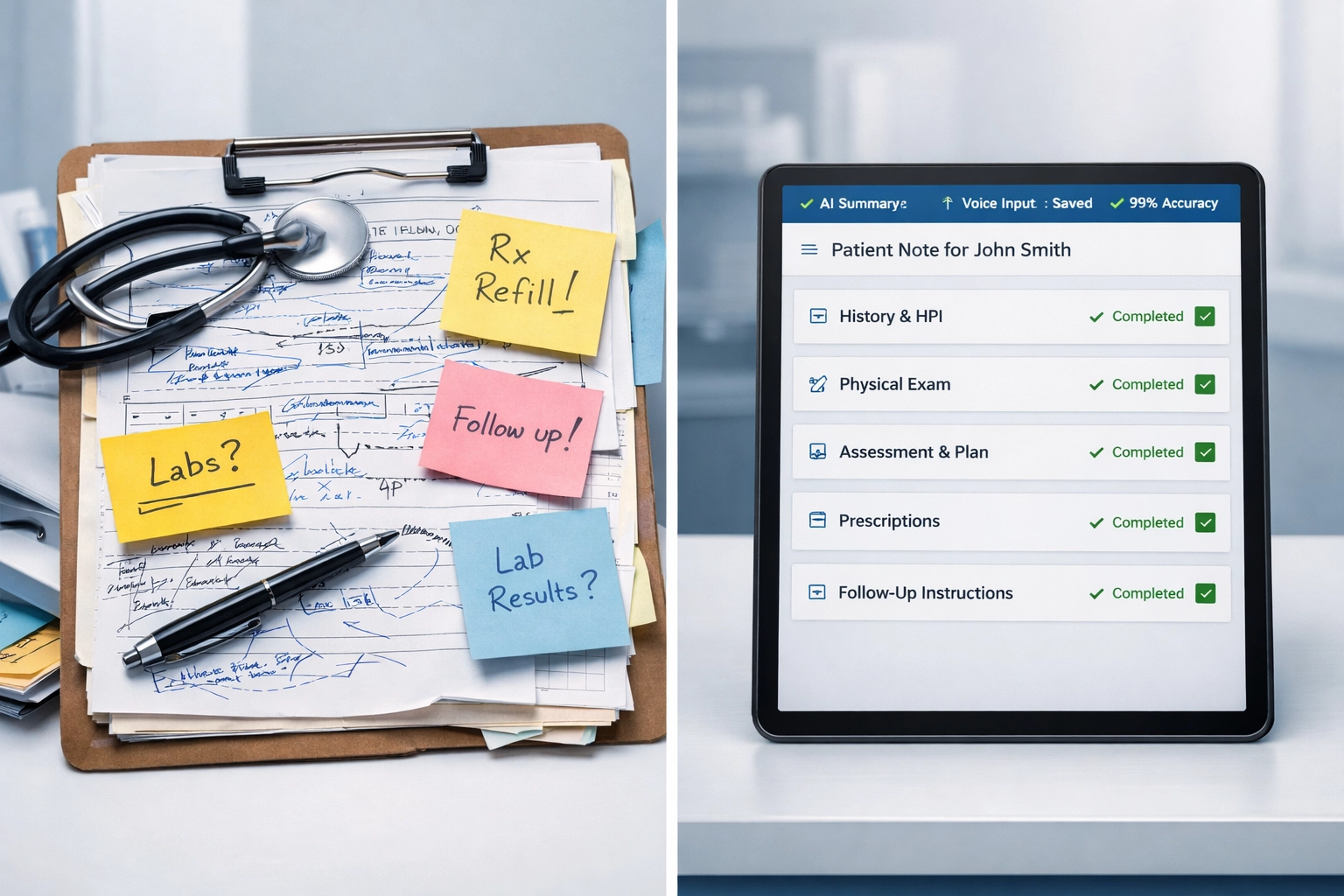 Comparison of traditional paper medical charts versus AI-powered clinical documentation software