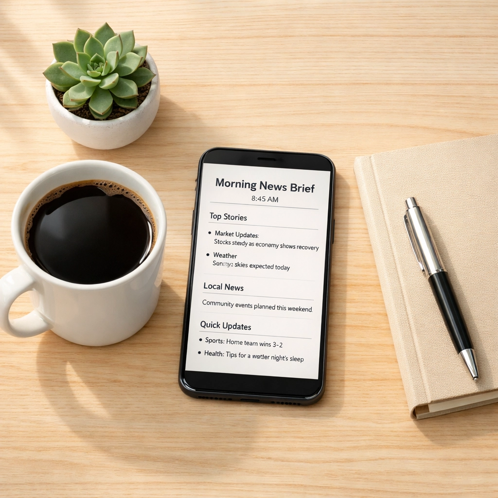 Peaceful morning coffee setup with smartphone displaying calm news brief on wooden table