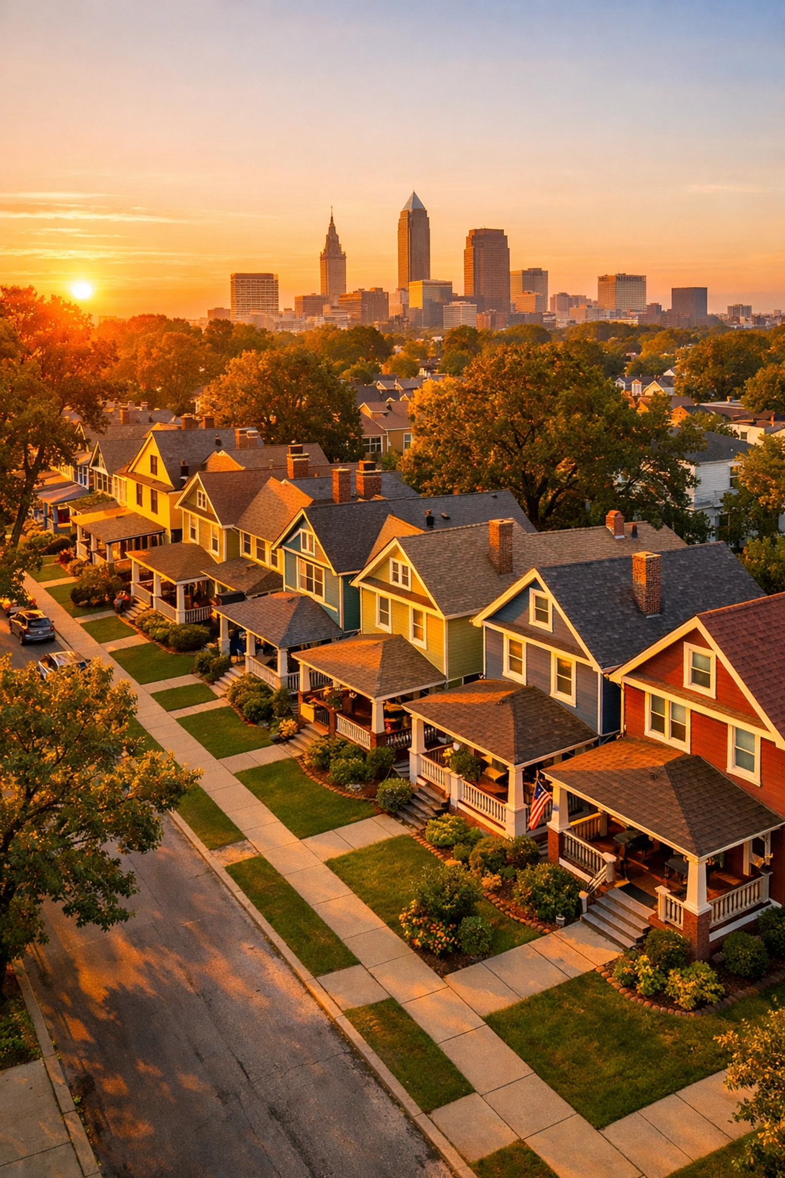 Scenic drone view of a residential street in Cleveland