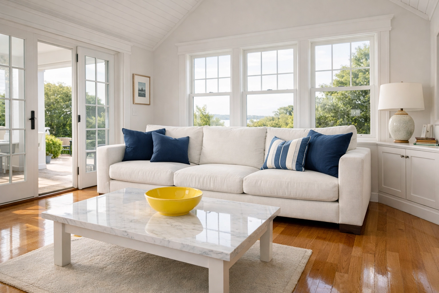 Spotless living room with polished oak floors in a Marstons Mills home after weekly house cleaning.