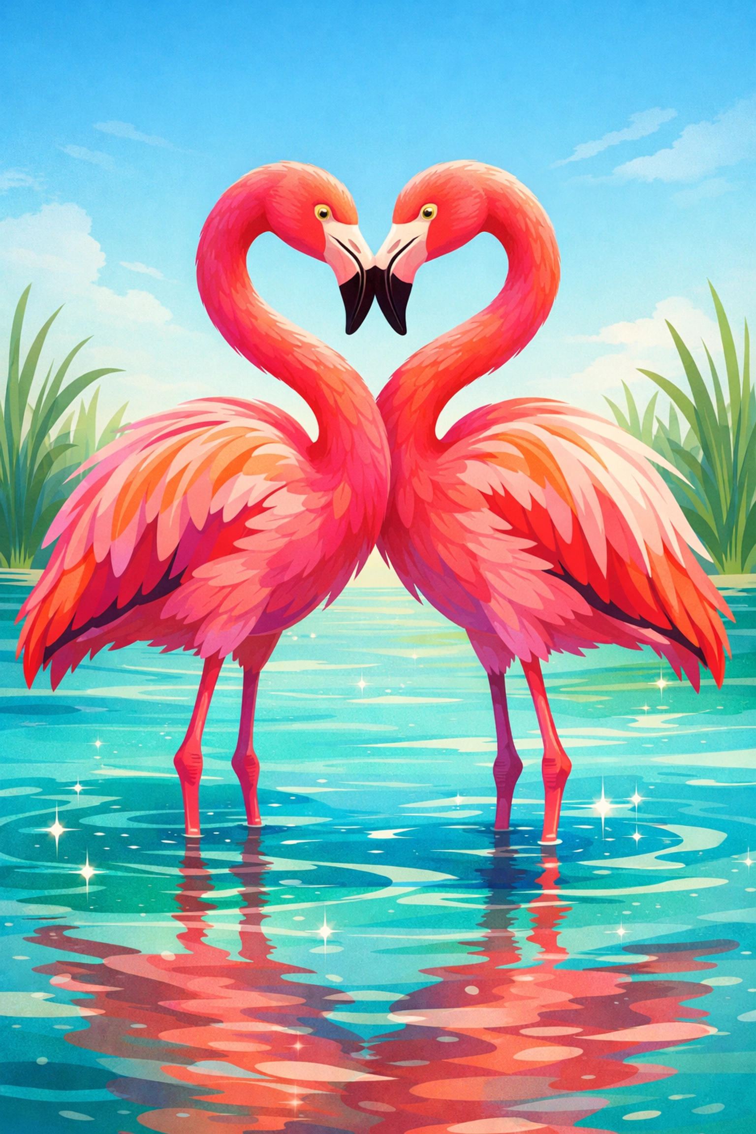 Two male flamingos with necks in a heart shape, illustrating queer attraction and dedicated animal partnerships.