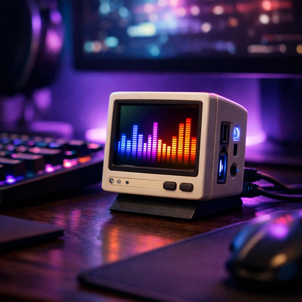 Miniature 3.5-inch IPS monitor for desk setups displaying a colorful music visualizer.