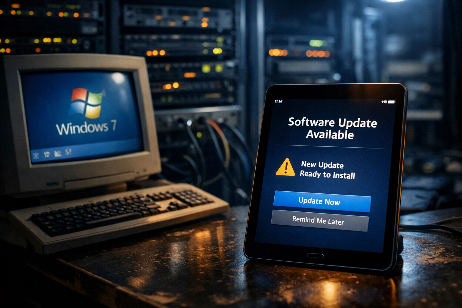 Outdated computer system requiring software updates in IT server environment