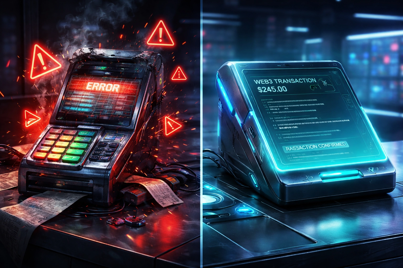 Traditional payment terminal errors contrasted with streamlined Web3 blockchain transaction processing