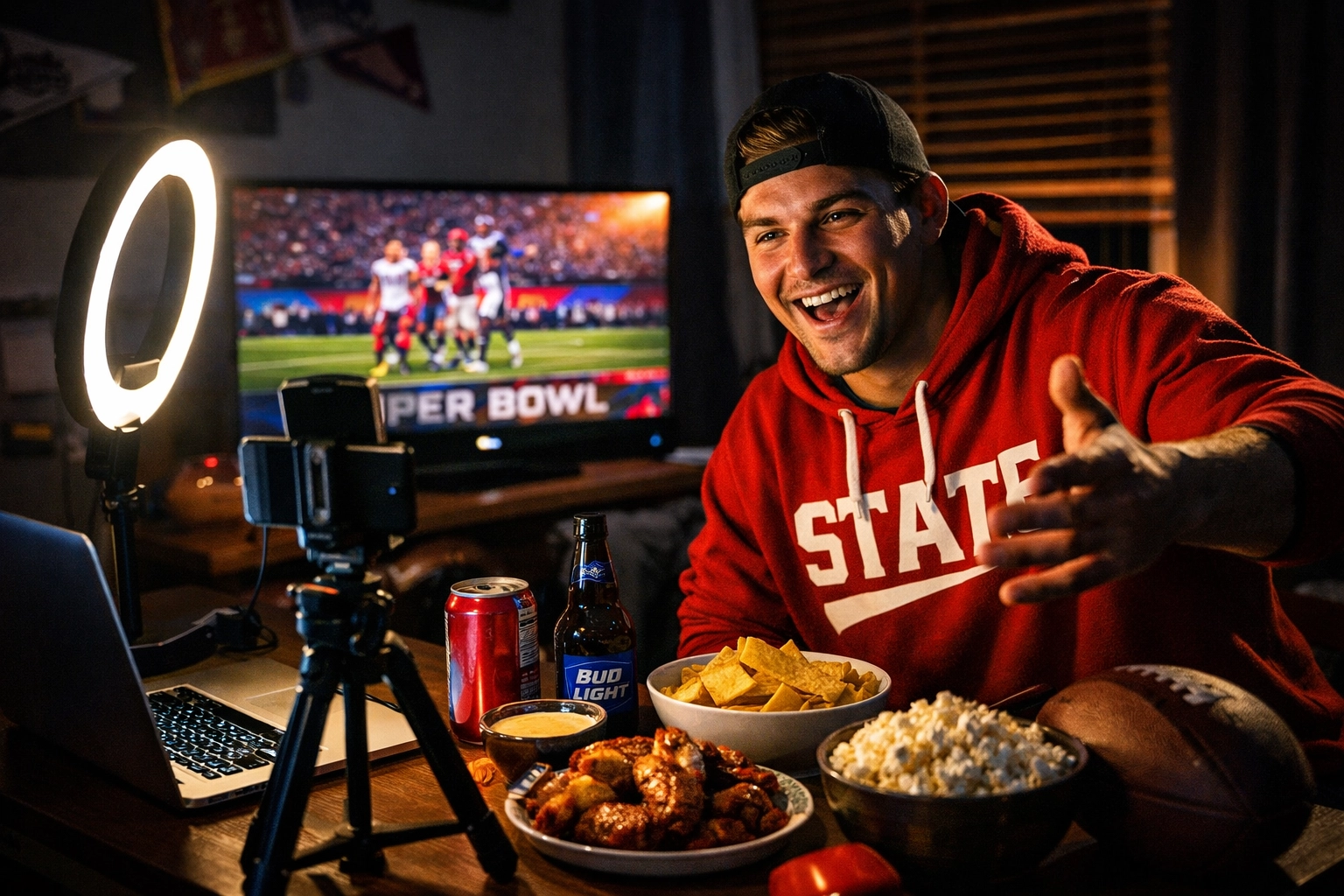 College athlete filming Super Bowl content in dorm room for NIL brand deals