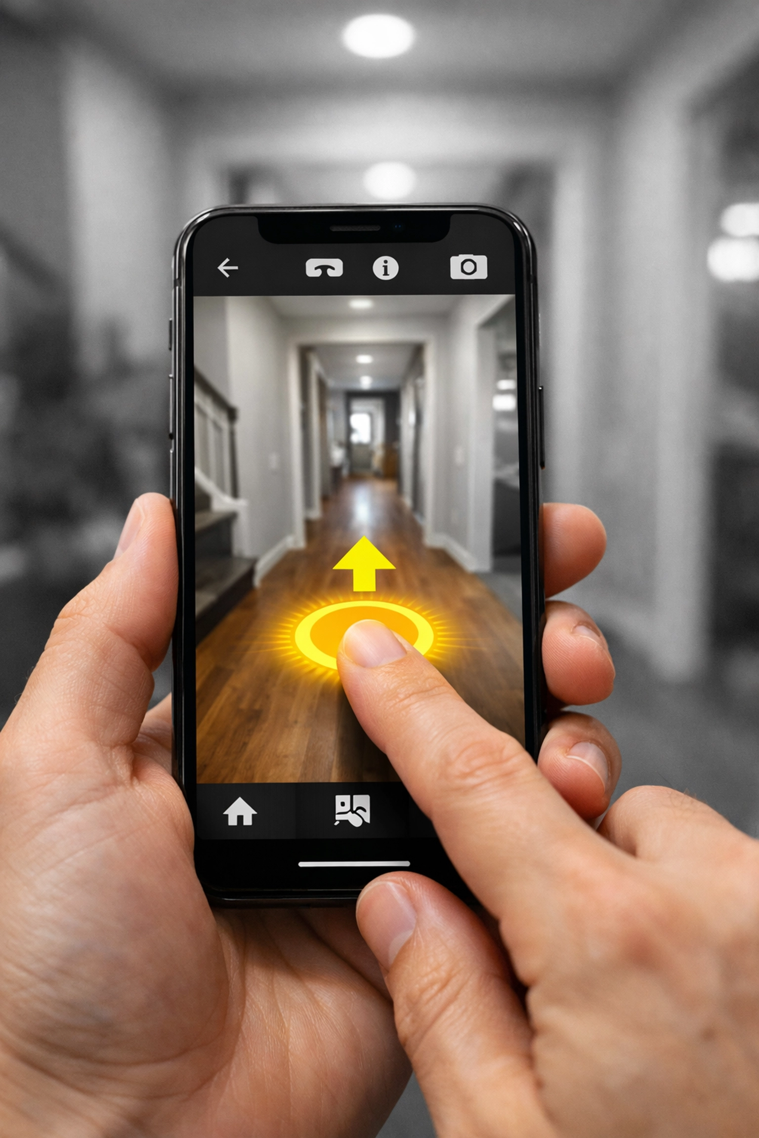 Potential buyer using a smartphone to navigate a 3D virtual tour of a local real estate listing.