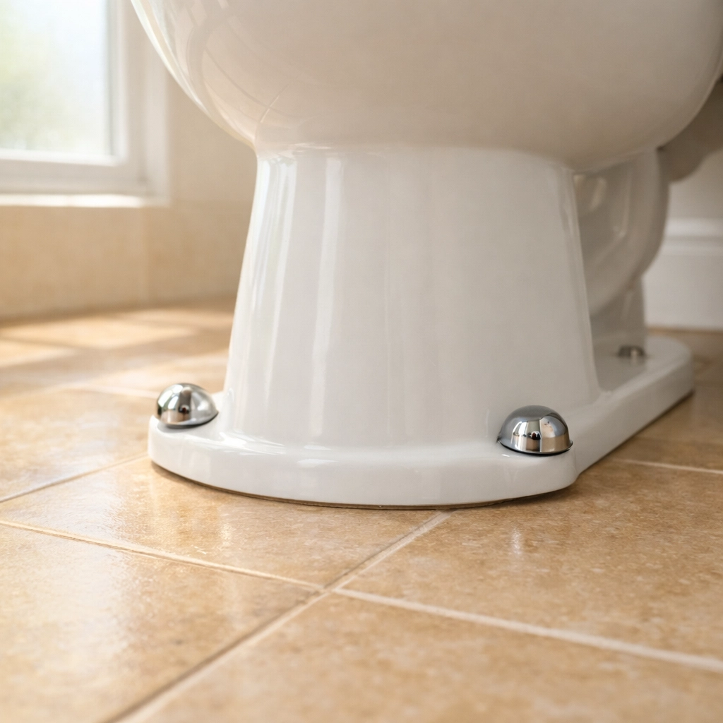 Toilet base showing flange bolts that secure toilet to floor for bathroom safety