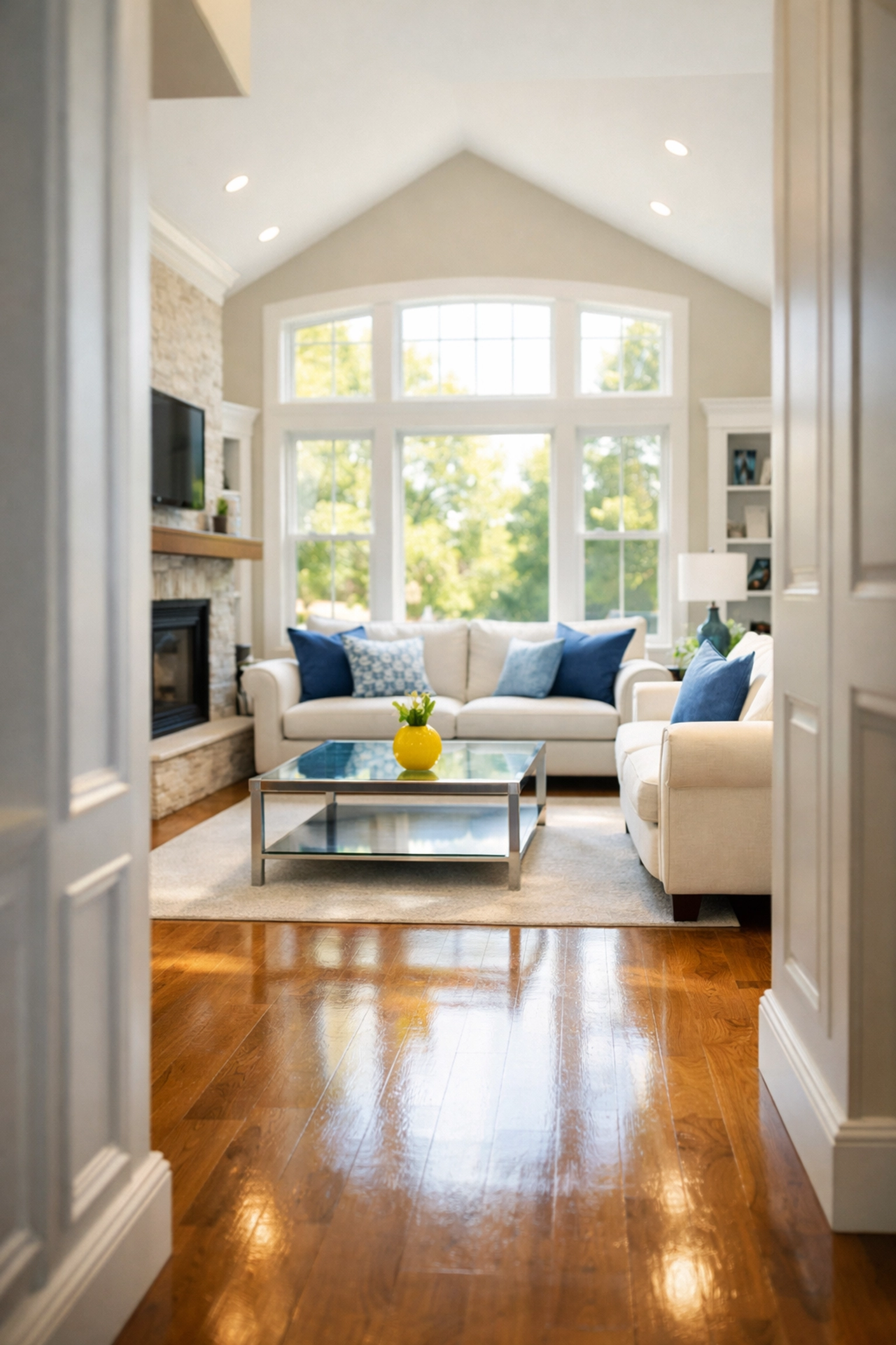 A spotless, bright living room in Franklin after expert post construction cleaning.